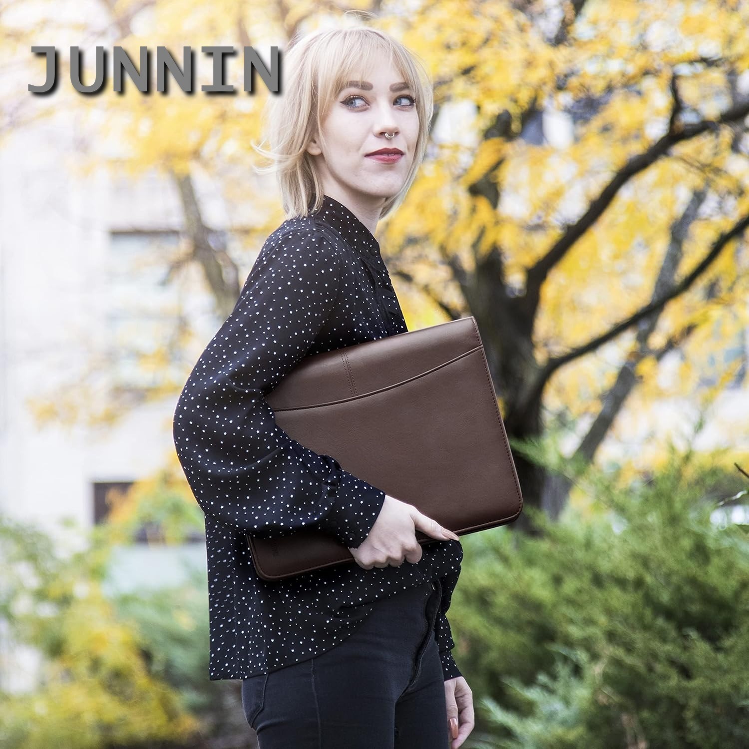 Brown PU Leather Business Portfolio Zipper Padfolio Tablet Sleeve Solar Calculat