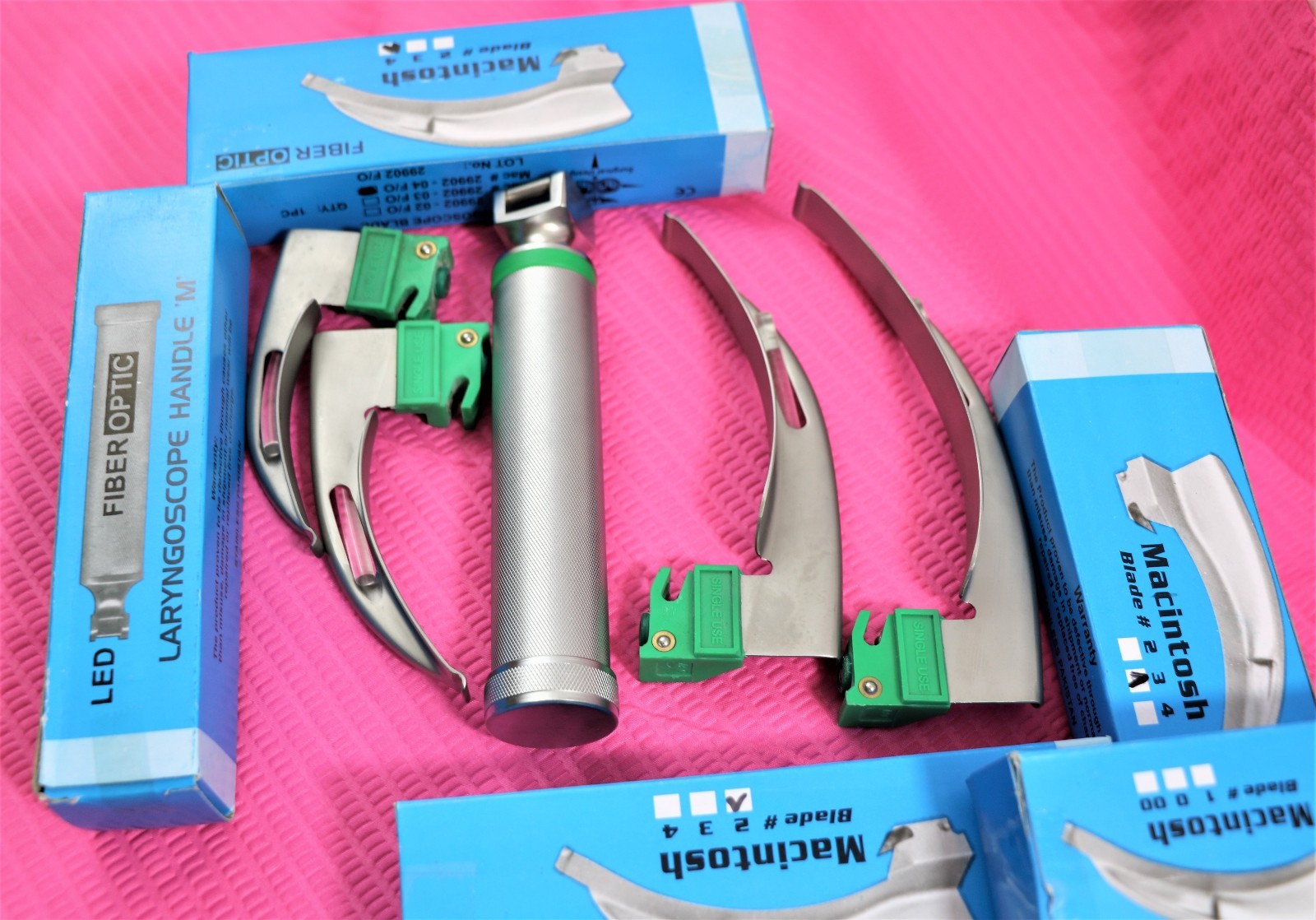 NEW Fiberoptic Laryngoscope Mac EMT Anesthesia Combo SET 4 BLADES 1 HANDLE