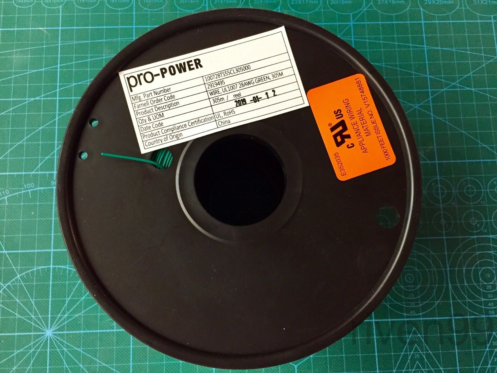 PRO POWER 28AWG UL1007 1C Hook-up Wire, 80C, 300V, GREEN, 305m, 1000ft Spool