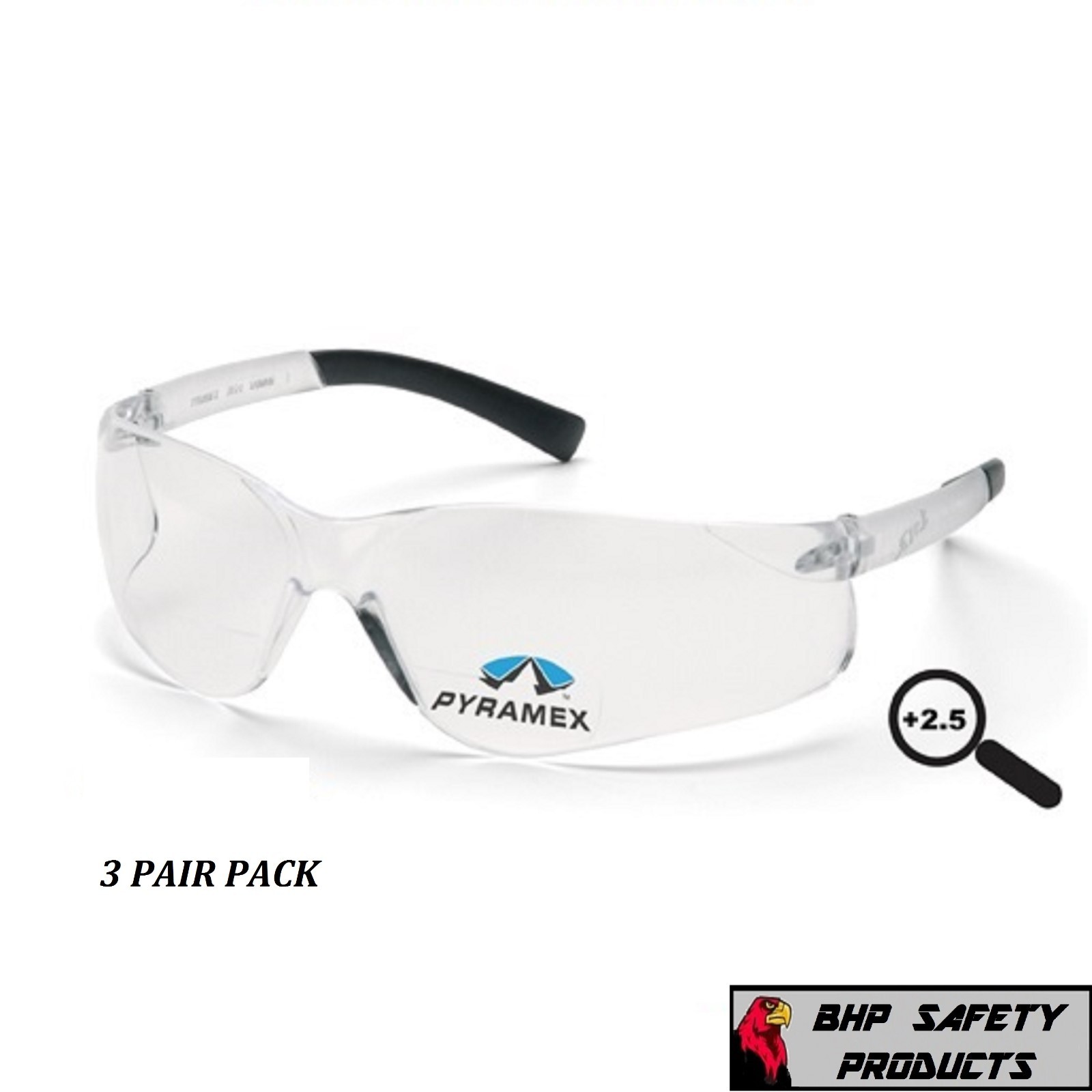 (3 PAIR) PYRAMEX ZTEK READER SAFETY GLASSES +2.50 CLEAR BIFOCAL LENS S2510R25