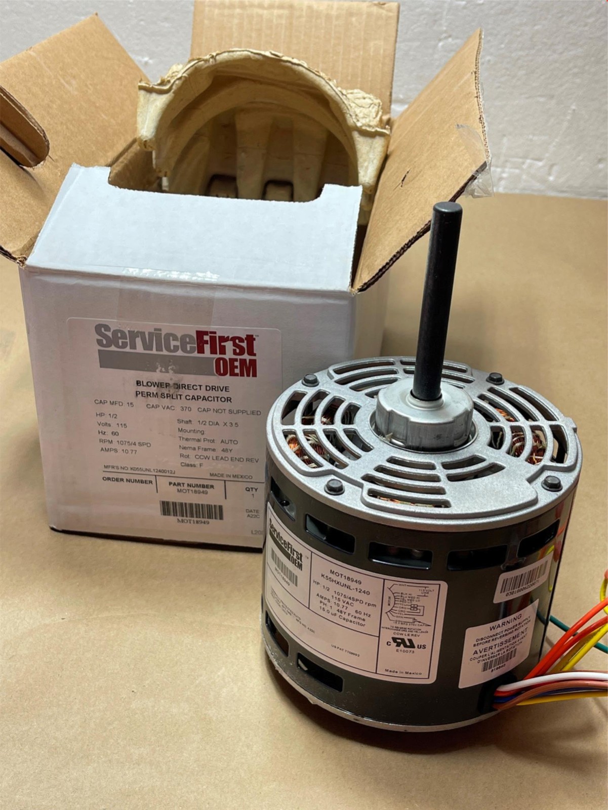 Trane MOT18949 Blower Motor 1/2HP 115V 120V 1PH 1075RPM 4Speed 48Y Frame