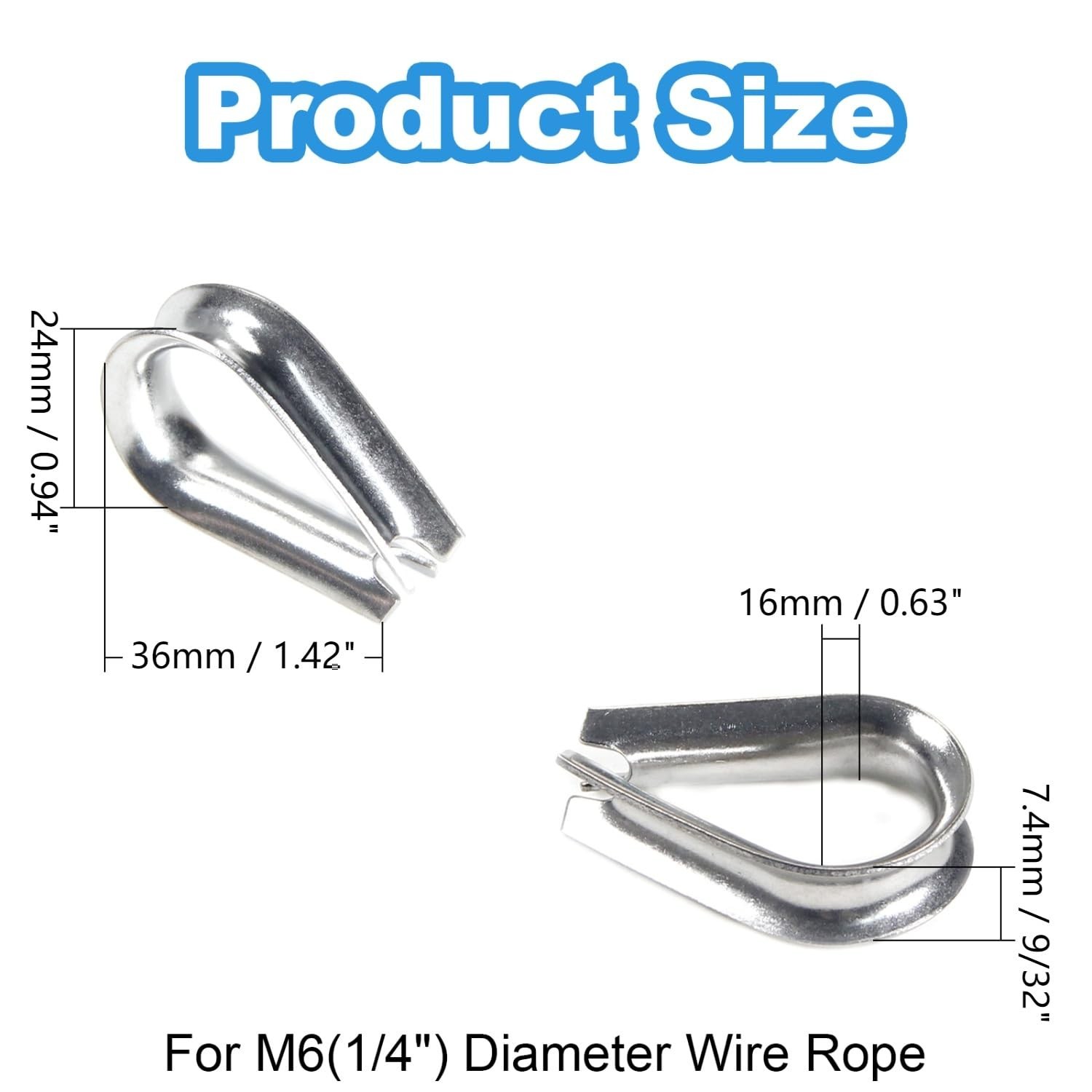 20 M6 1/4″ Thimbles – 304 Stainless Steel for Wire Rope Applications