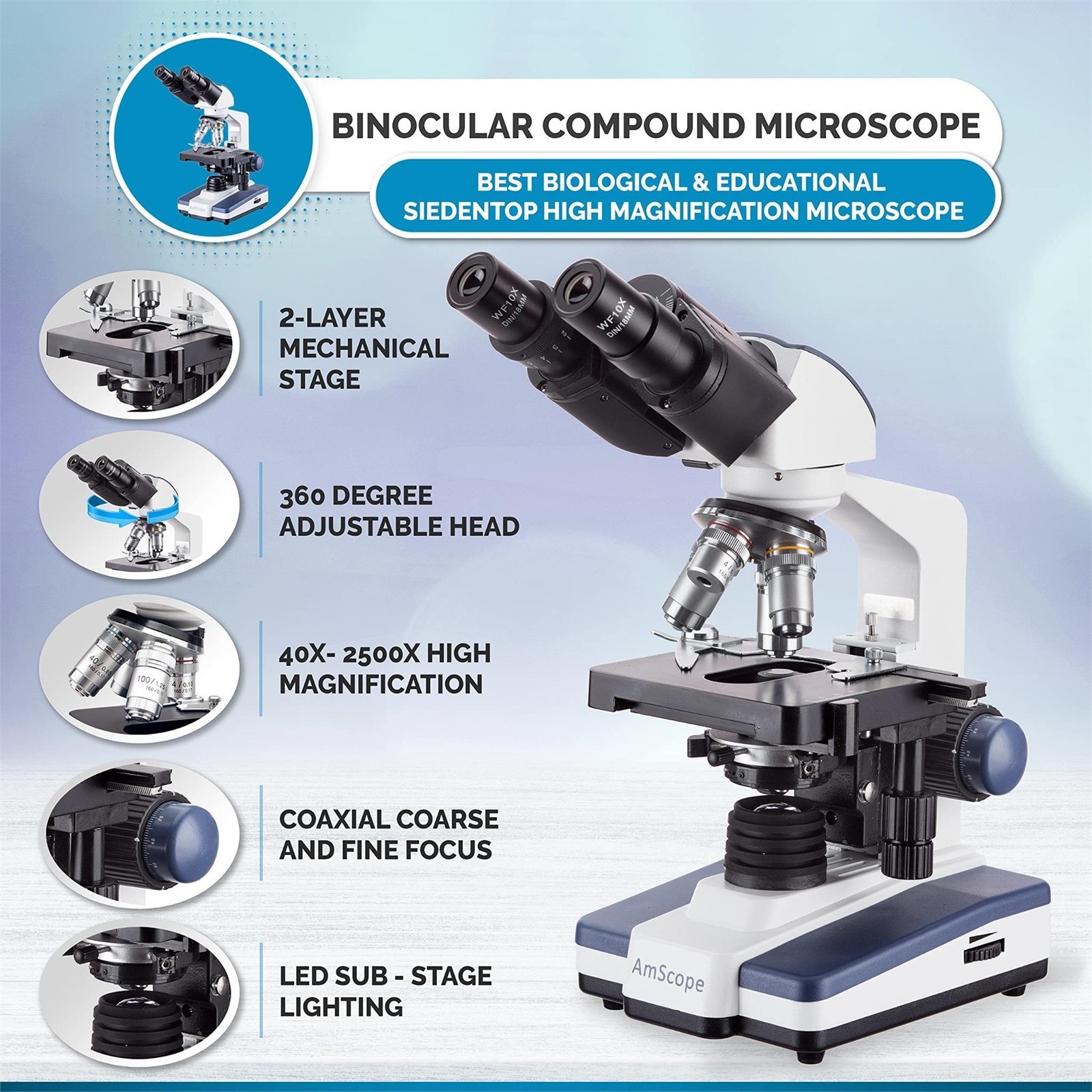 AmScope B120C Binocular Compound Microscope 40X-2500X New OB
