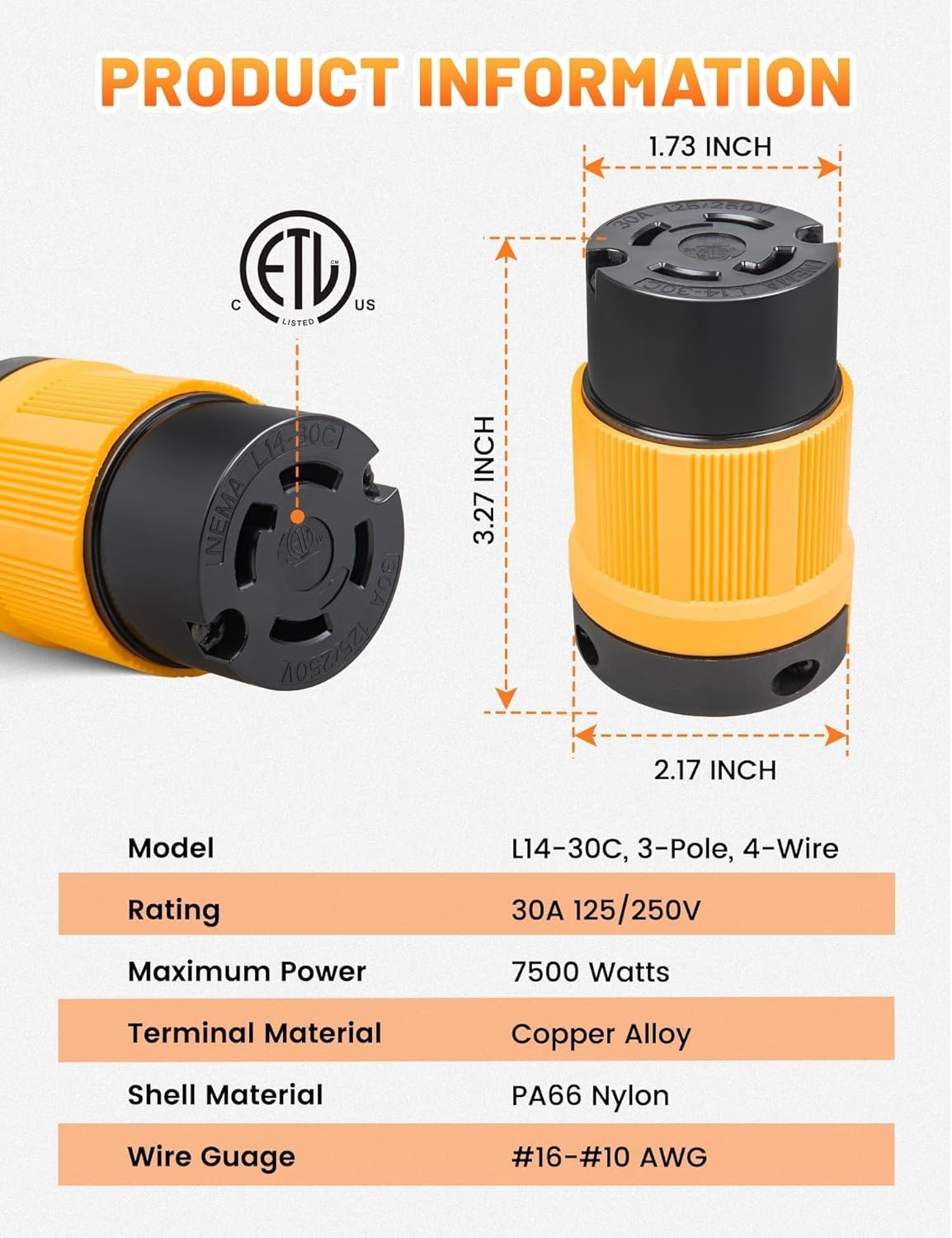 L14-30R Twist Lock 30 Amp 4 Prong Generator Female Plug for RV Power Transfer