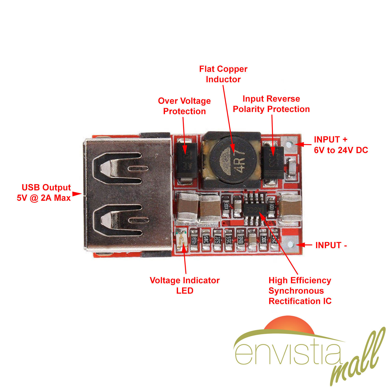 6-24V Input to 5V 2A USB Car Charger Module DC-DC Buck Step-Down Converter