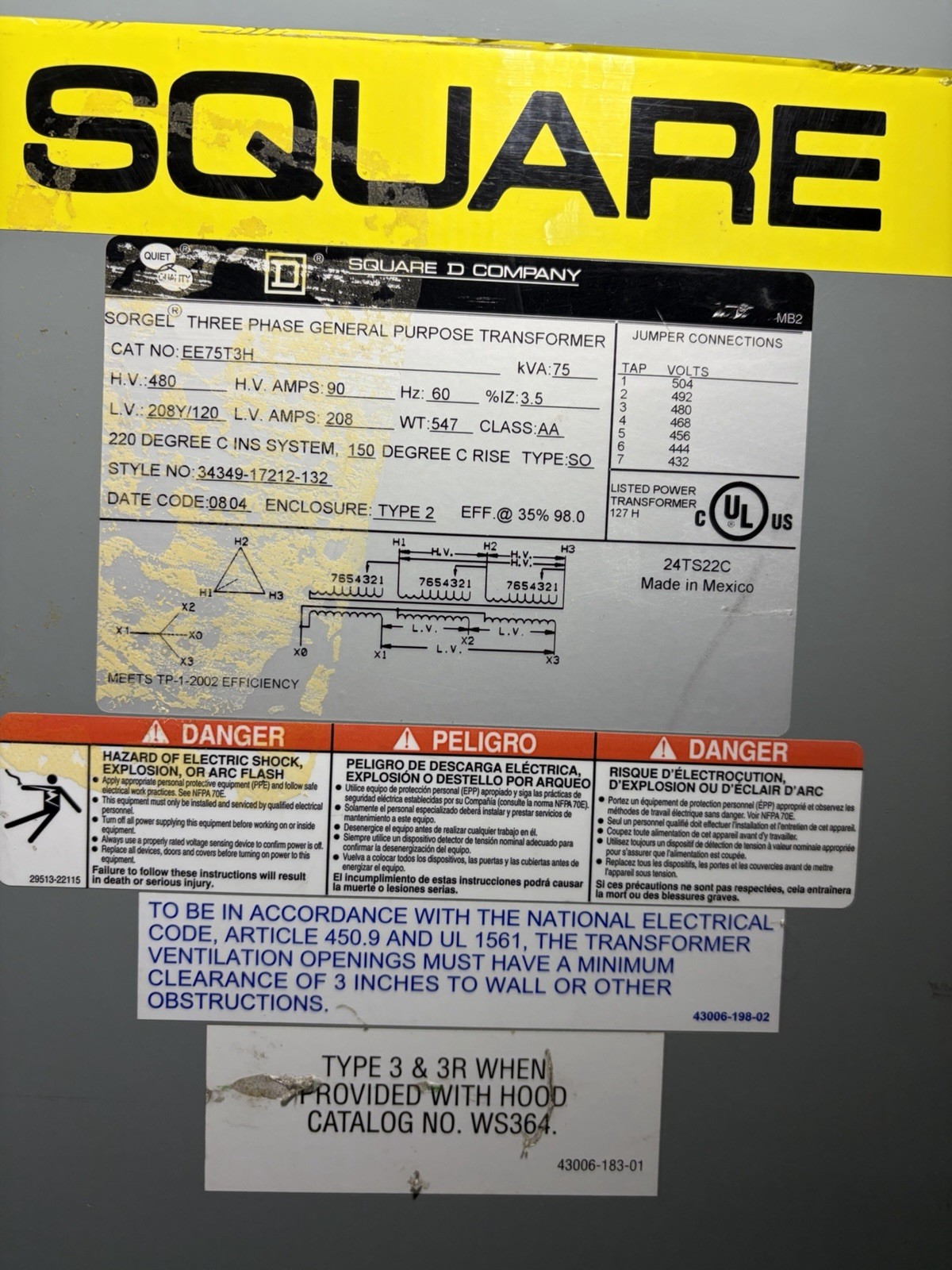 Square D Transformer EE75T3H 75 KVA 480v 90a