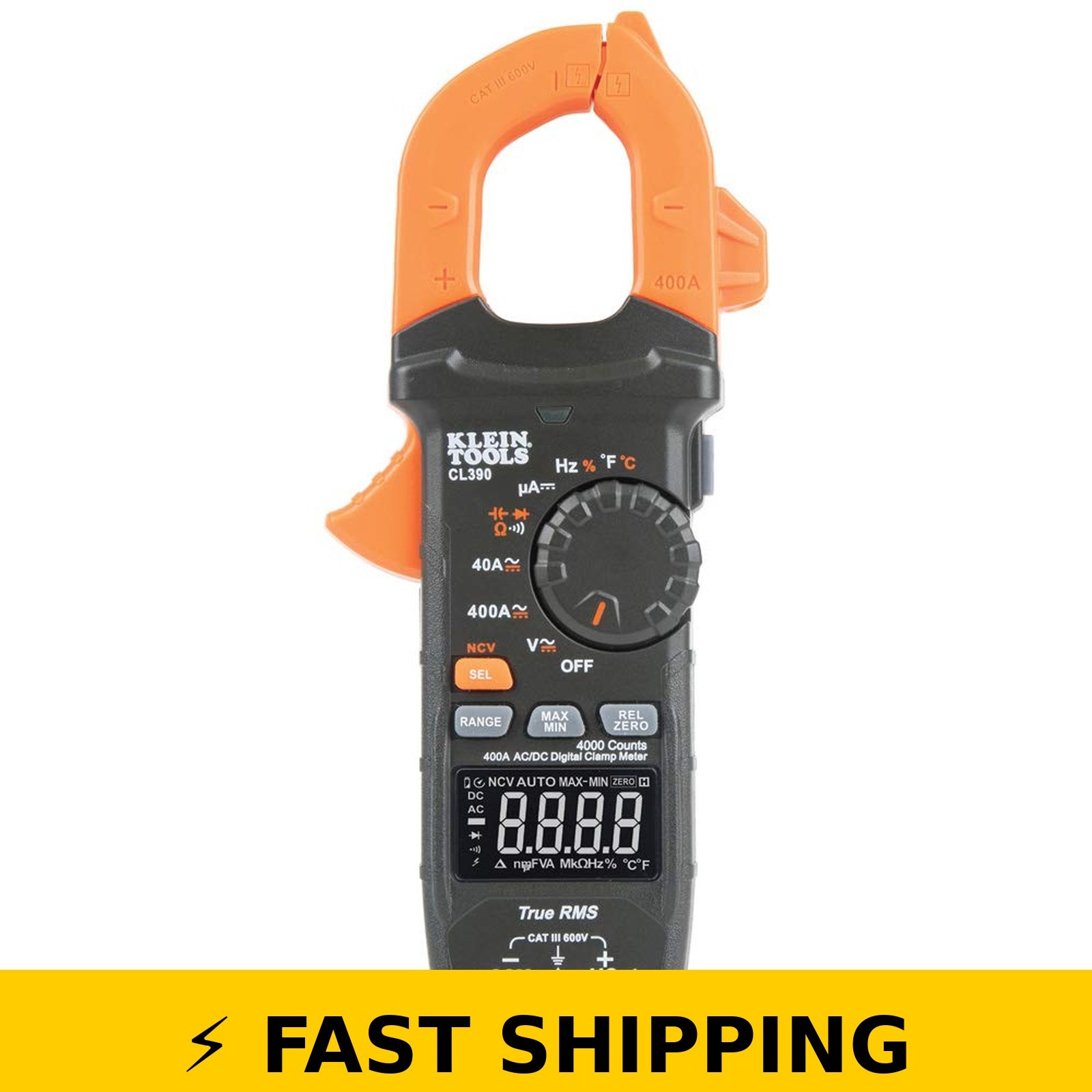 Klein Tools CL390 Digital Clamp Meter, 400 Amp, Hi-Viz LCD Display