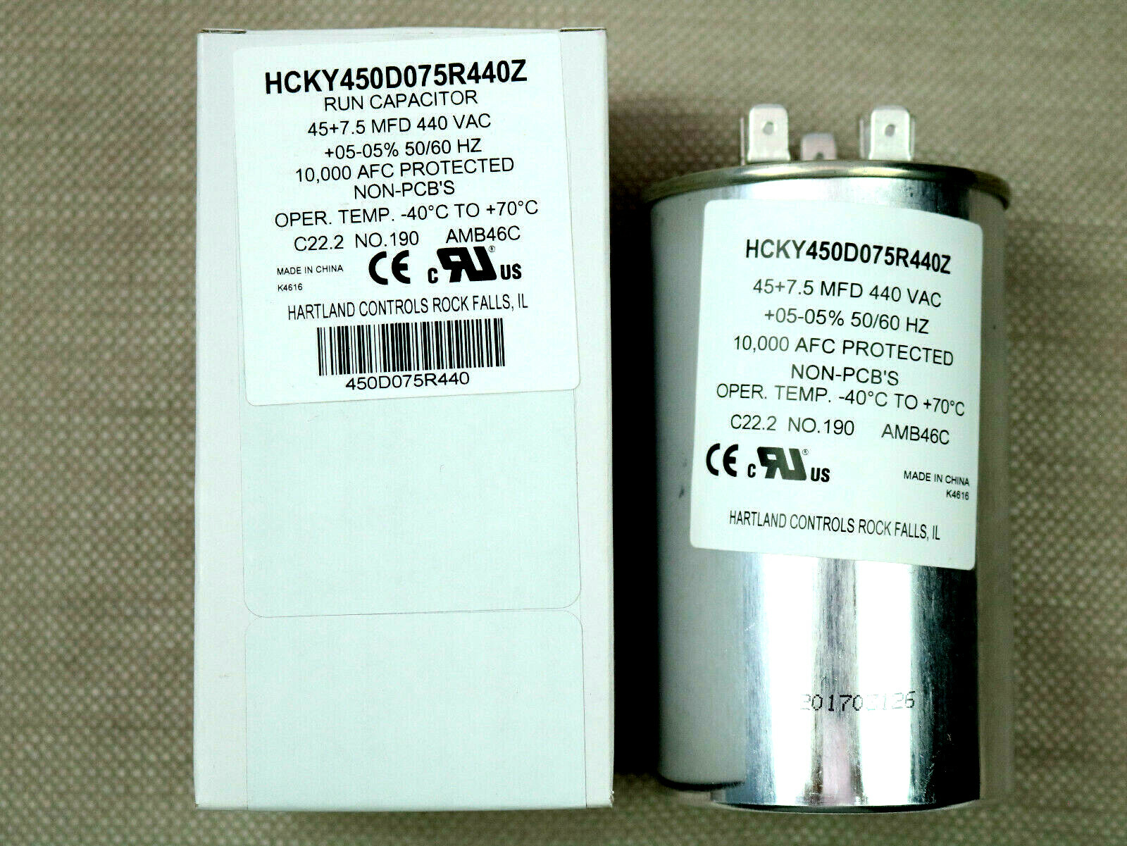 45/7.5 MFD 440VAC Run Capacitor 45+7.5 Round Aluminum 50/60 Hz +05-05% Hartland