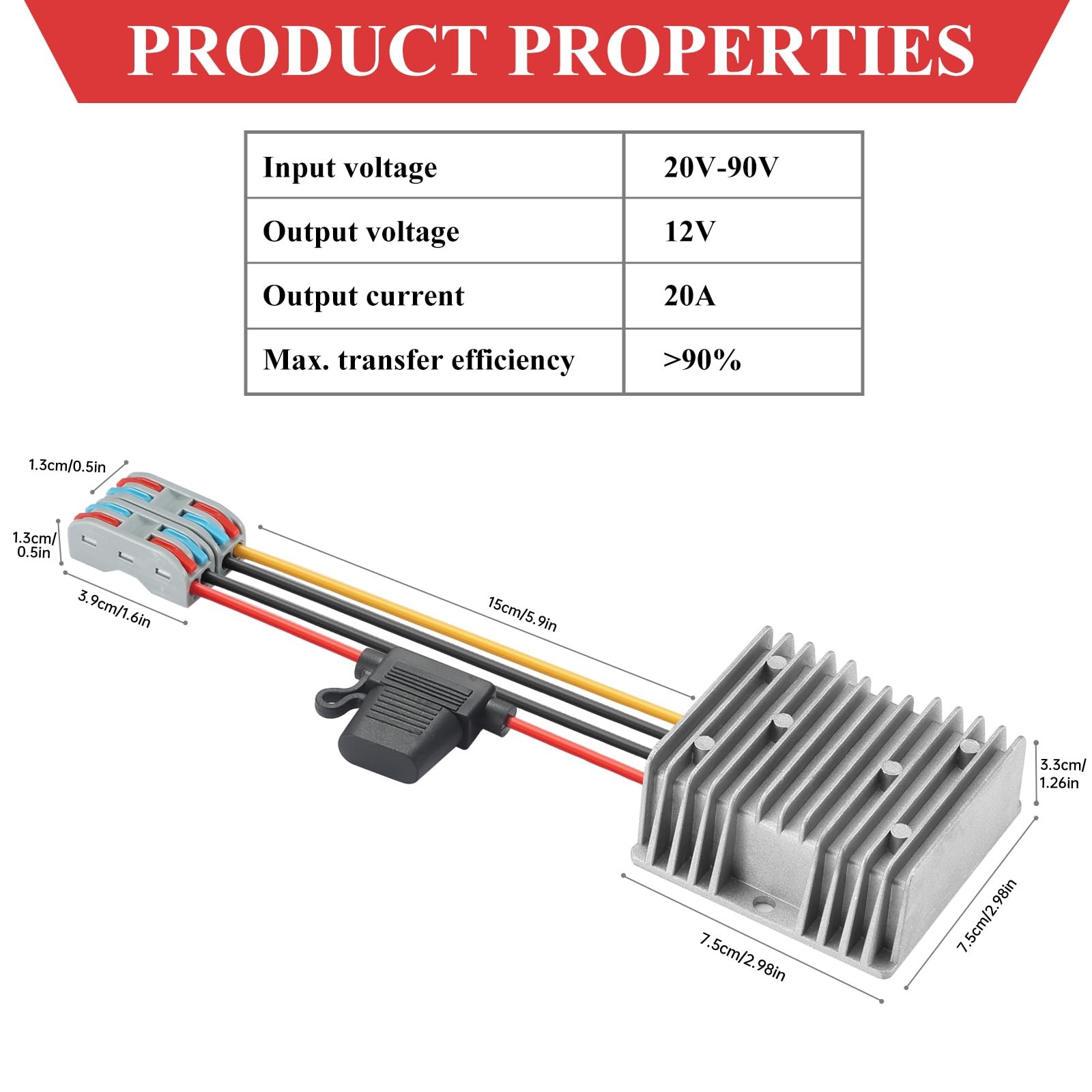 Mzhou 240W DC-DC Buck Down-dc 20-90v to 12v20a, Grey-DC 20-90V 12V20A