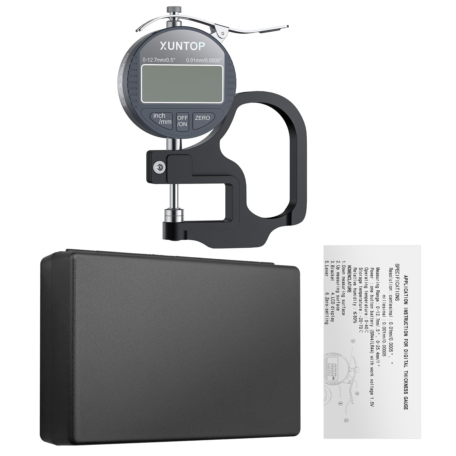 XUNTOP Digital Thickness Gauge 0.5inch/0.0005inch(12.7mm/0.01mm) Thickness Me…