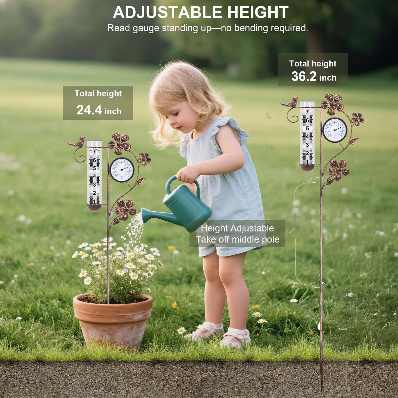 Rain Gauge Outdoor with Thermometer Garden Decor, Bird Decorative Outdoor Rai…