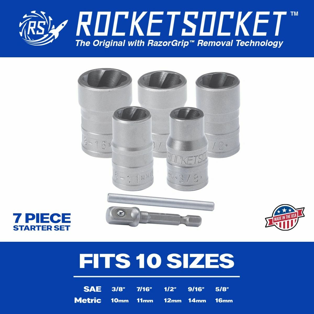 ROCKETSOCKET – Bolt, Nut & Screw Extraction Set – 7 pieces, 3/8″ Drive