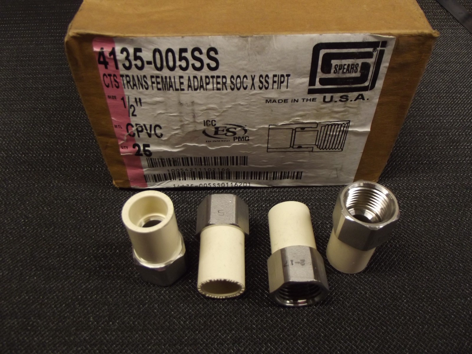 SPEARS 4135-005SS 1/2″ CTS CPVC Stainless SS Threaded Female Adapter Box qty 25