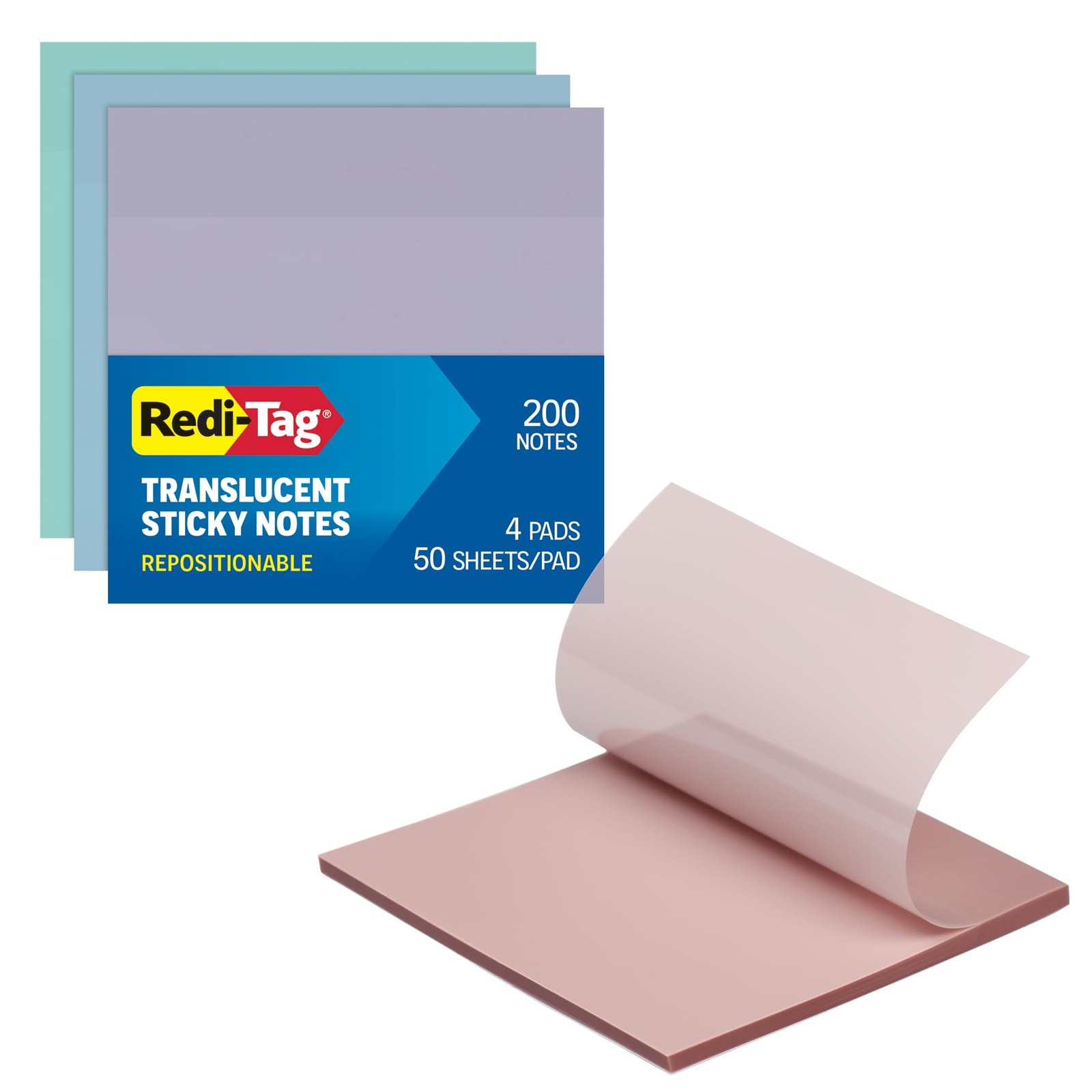 Redi-Tag Translucent Sticky Notes, Transparent Self-Stick 4 pack, Pastel