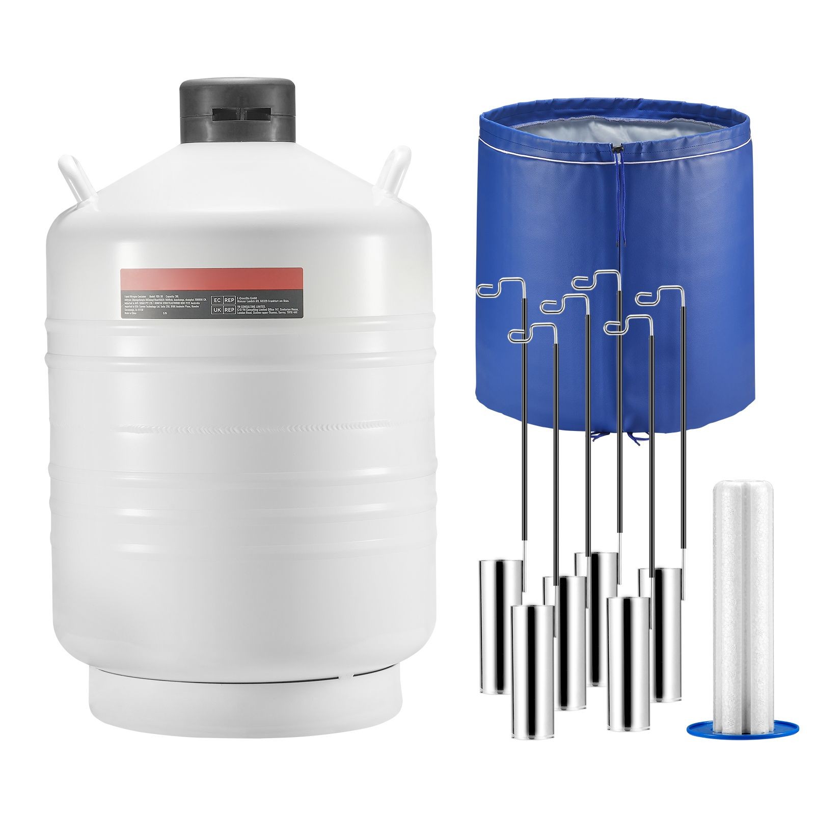30L Vacuum Insulated Aluminum LN2 Dewar w/6 Canisters & Carry Bag