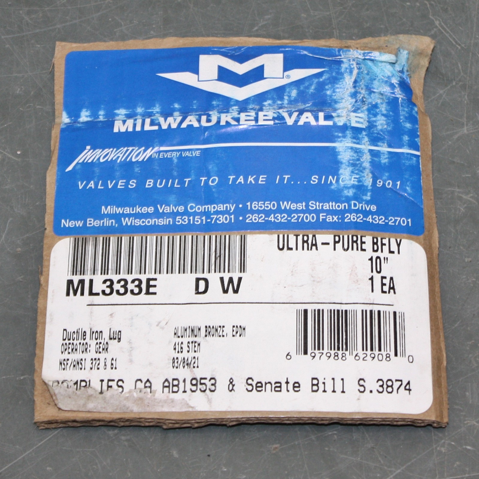 Milwaukee Valve Butterfly Valve UPML333E 10″, Lug Style, 10″ Pipe, Concentric