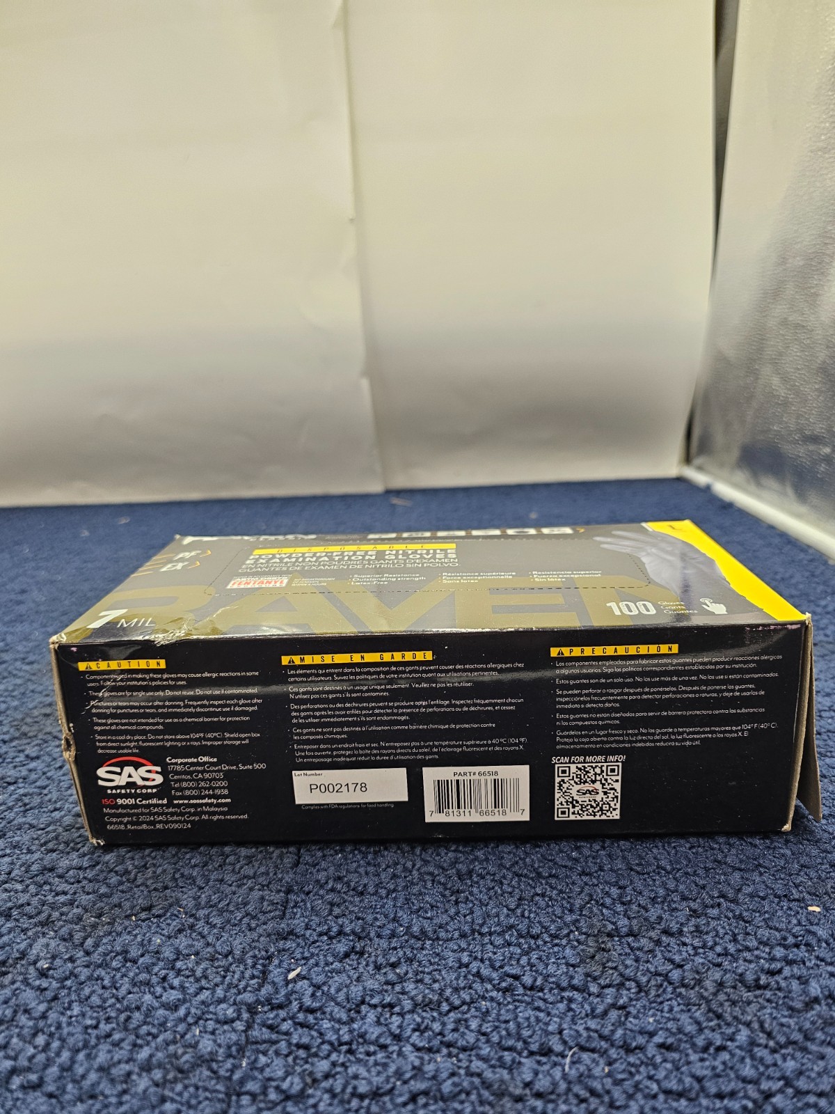 (QTY 100) SAS Raven 66518 Black Nitrile Gloves Powder Free 7mil Version Large