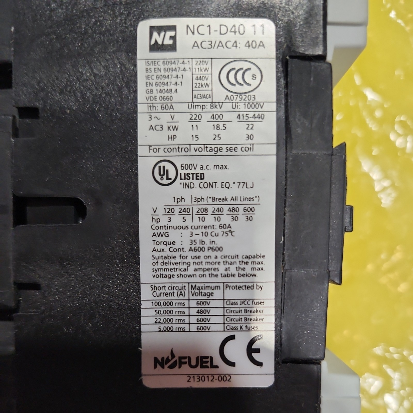 NOFUEL NC1 D40 11 F7 Contactor NC1D4011 Replaces LC1-D4011-F7 120V Coil