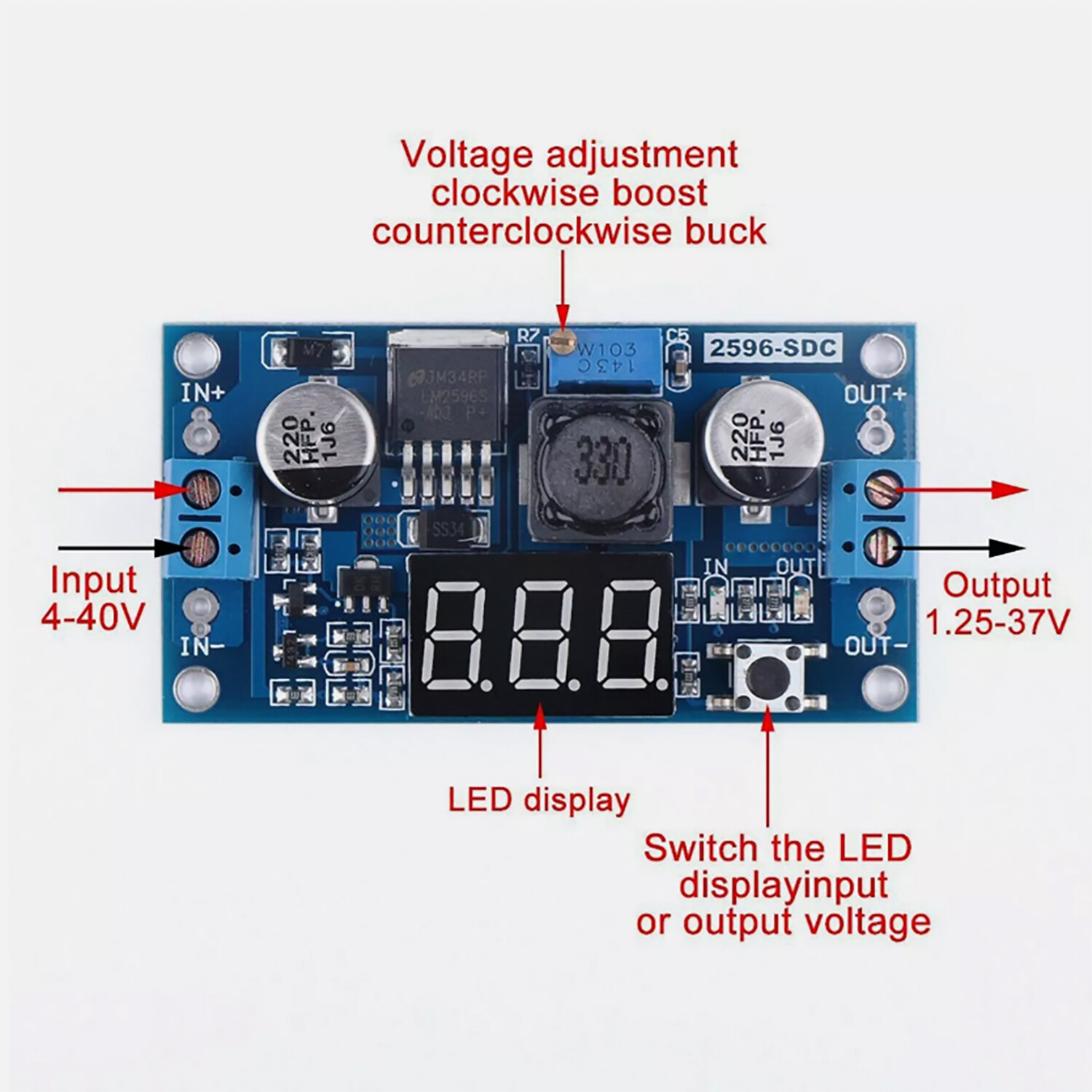 Buck Step-down LM2596 Power Converter Module DC 4.0~40 to 1.3-37V LED Voltmeter