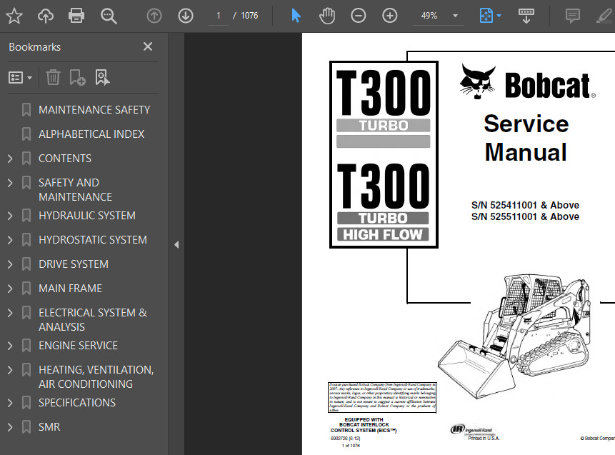 BOBCAT T300 COMPACT TRACK LOADER OPERATORS SERVICE REPAIR SHOP MANUAL PDF USB