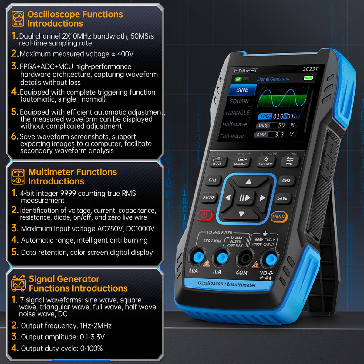 Portable Digital Scope Meter 10000 Counts 32kb Depth Auto-Ranging DMM w/ 2MHz FG