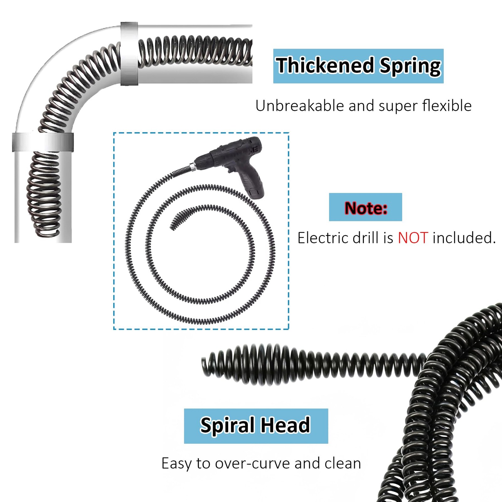 Drain Auger Snake Cable with Drill Adapter 6.5 Ft Heavy Duty