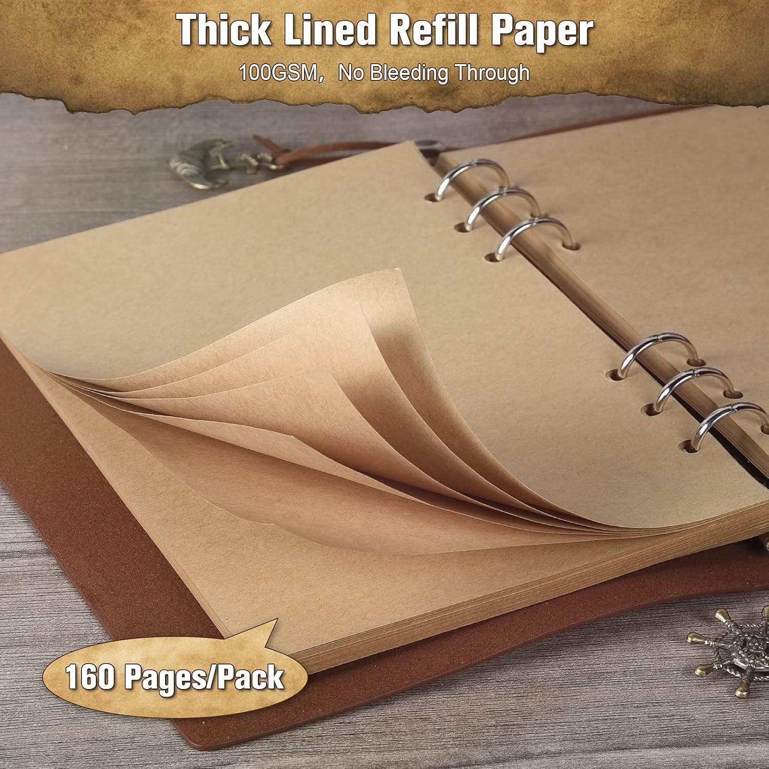Leather Journal Notebook Black, Spiral Refillable Travel Diary 160 Pages
