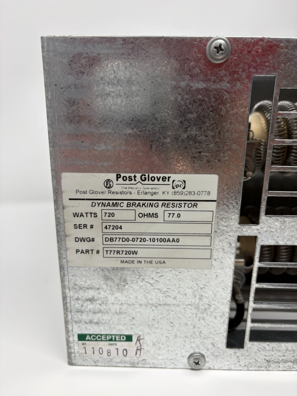 Post Glover T77R720W Dynamic Braking Resistor 720W 77 Ohm DB77D0 Untested