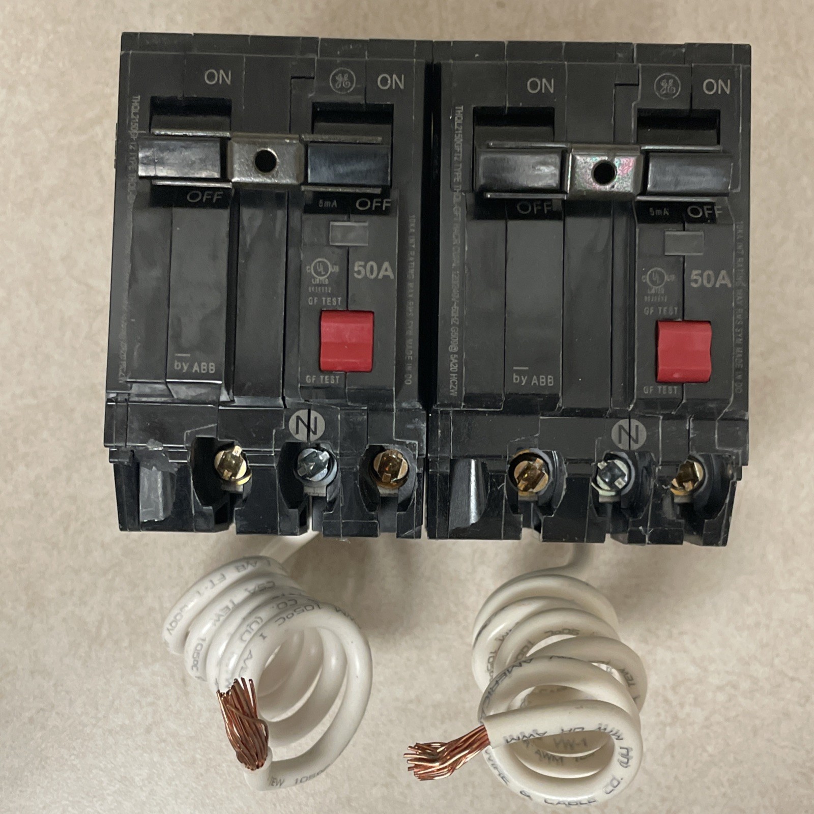 (2) GE Ground Fault Circuit Breaker THQL2150GFT2P 50A Double Pole 120/240 VAC