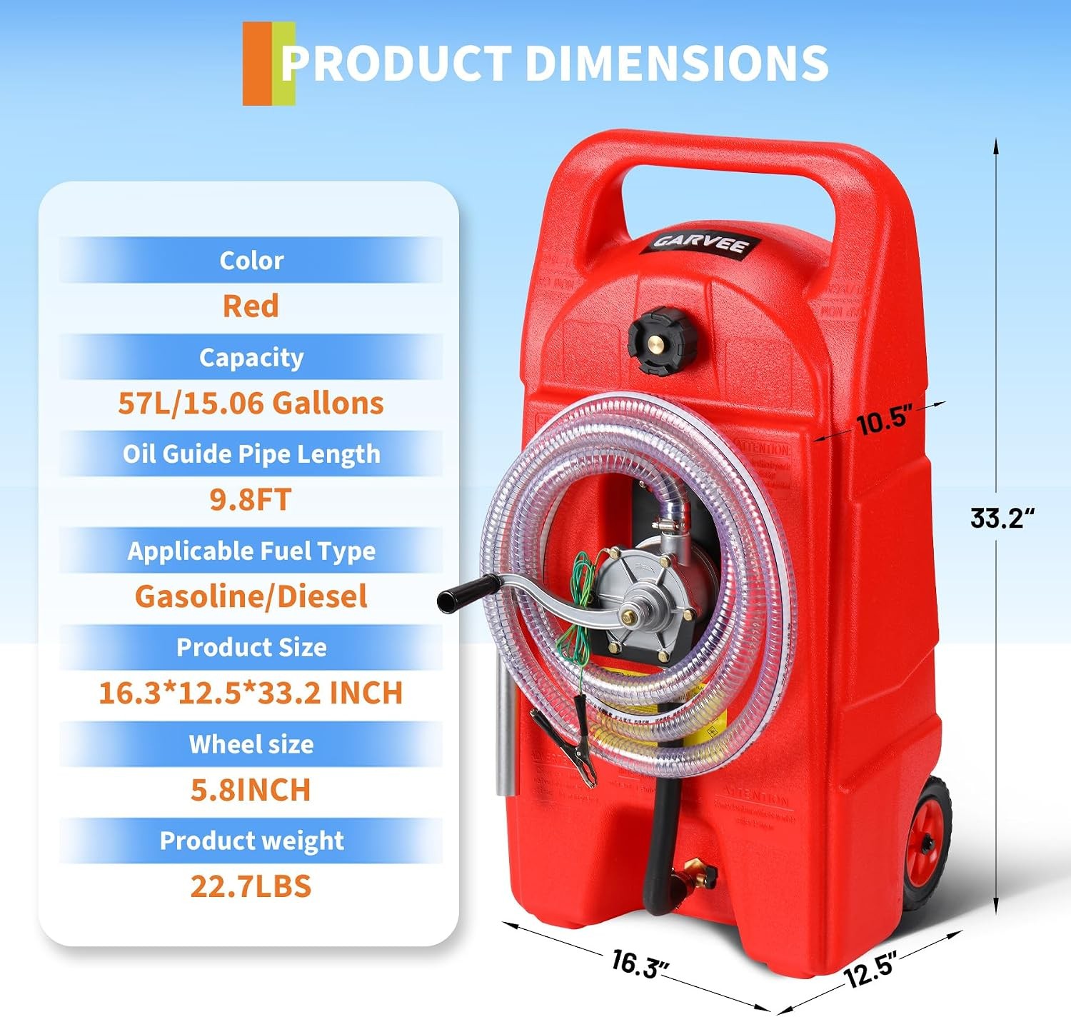 15 Gal Portable Fuel Caddy Gas Storage Tank Container Manual Pump 10 ft Hose