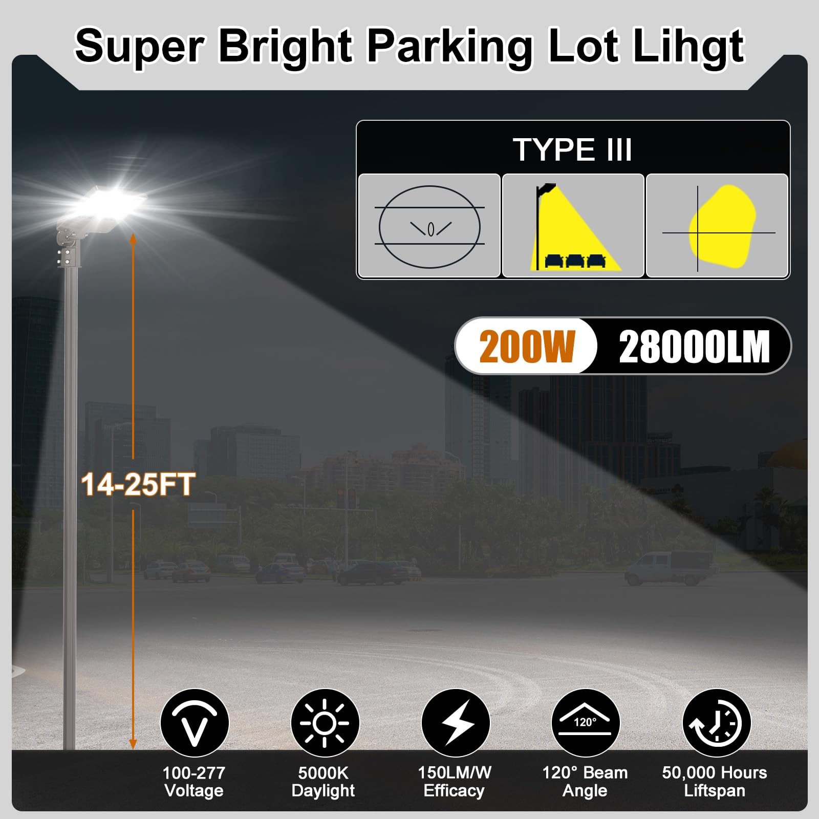 200W LED Parking Lot Light Commercial Outdoor IP65 Shoebox Street Pole Lamp