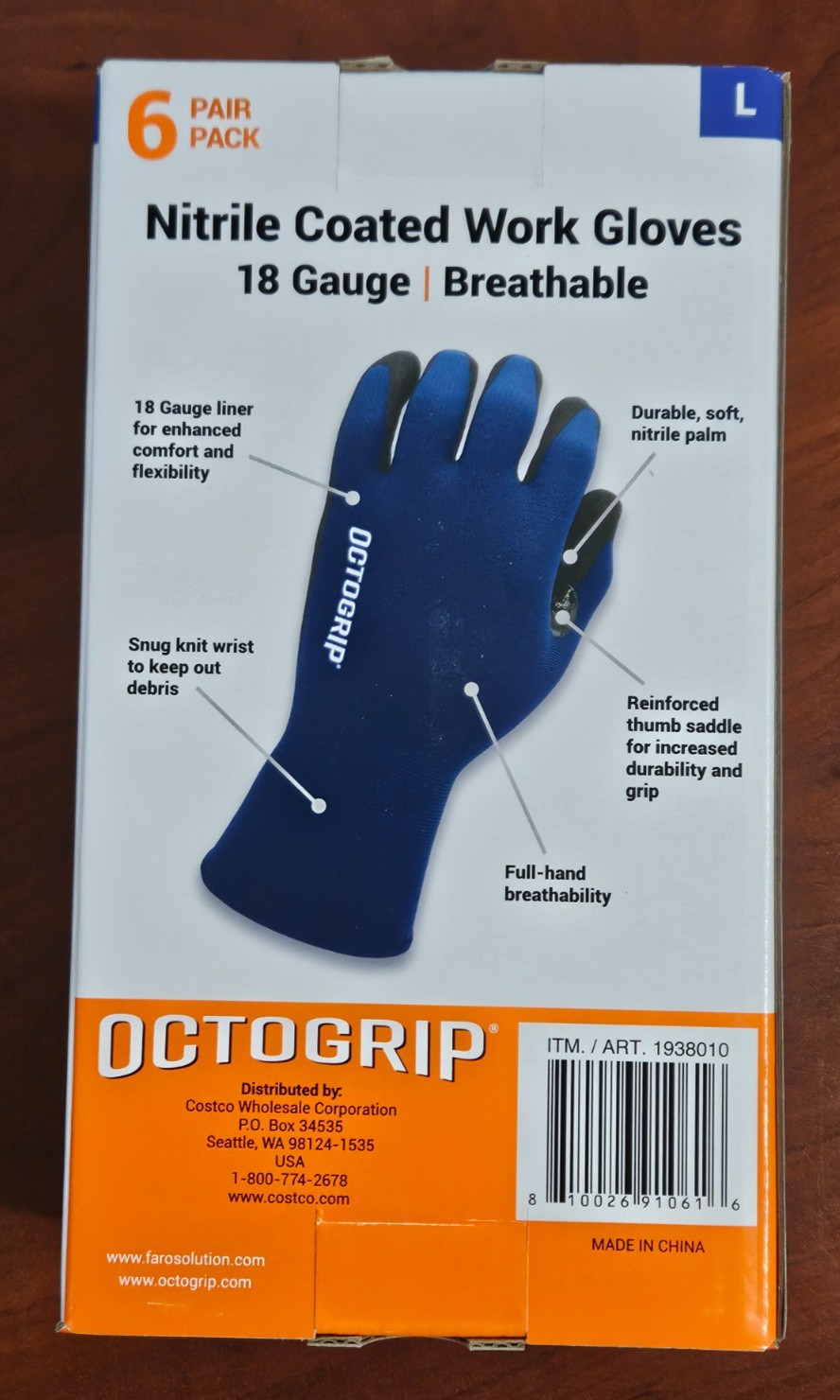 Octogrip Nitrile Coated Work Gloves 18 Gauge Breathable 6 Pairs LARGE Thin NEW