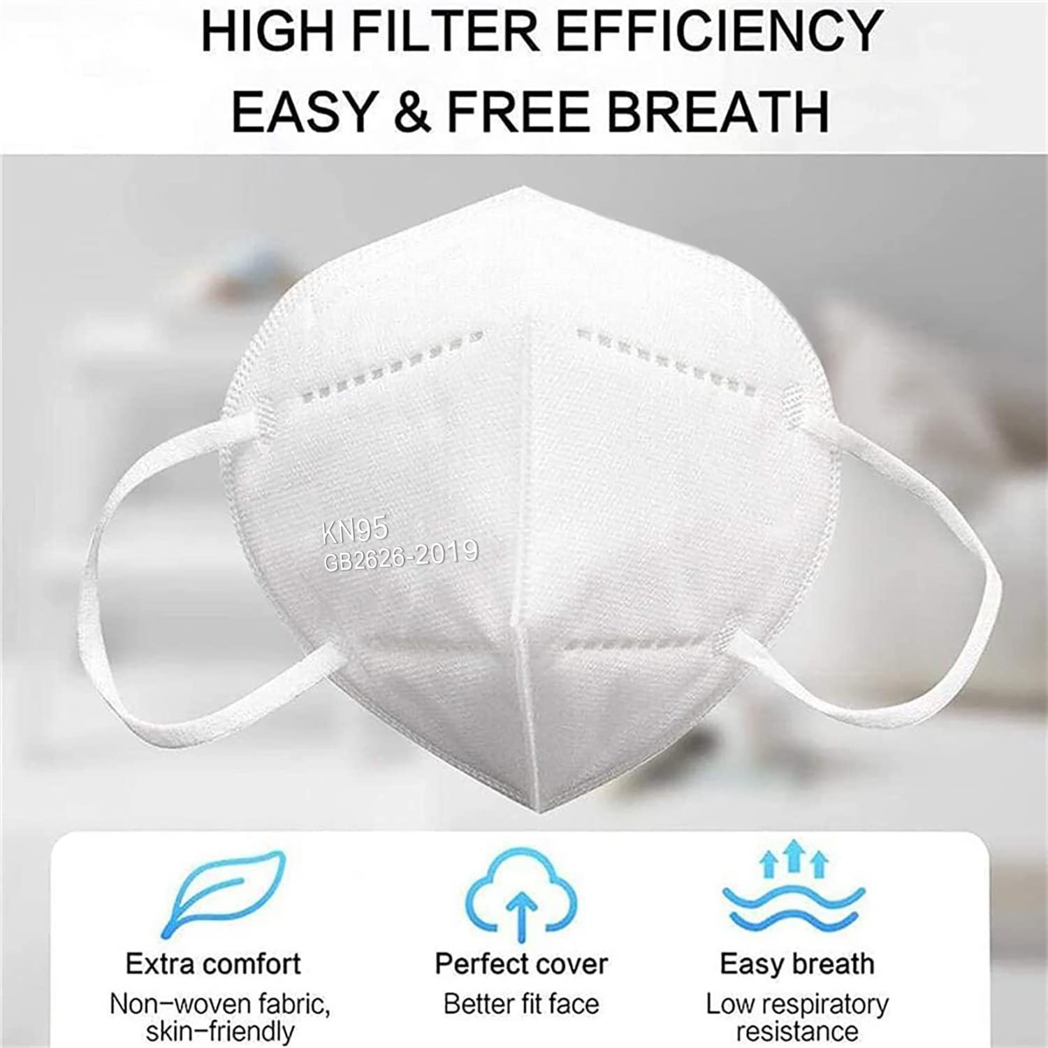 50PCS KN95 Face Mask 5 Layer Breathable with Elastic Earloops Cup Dust