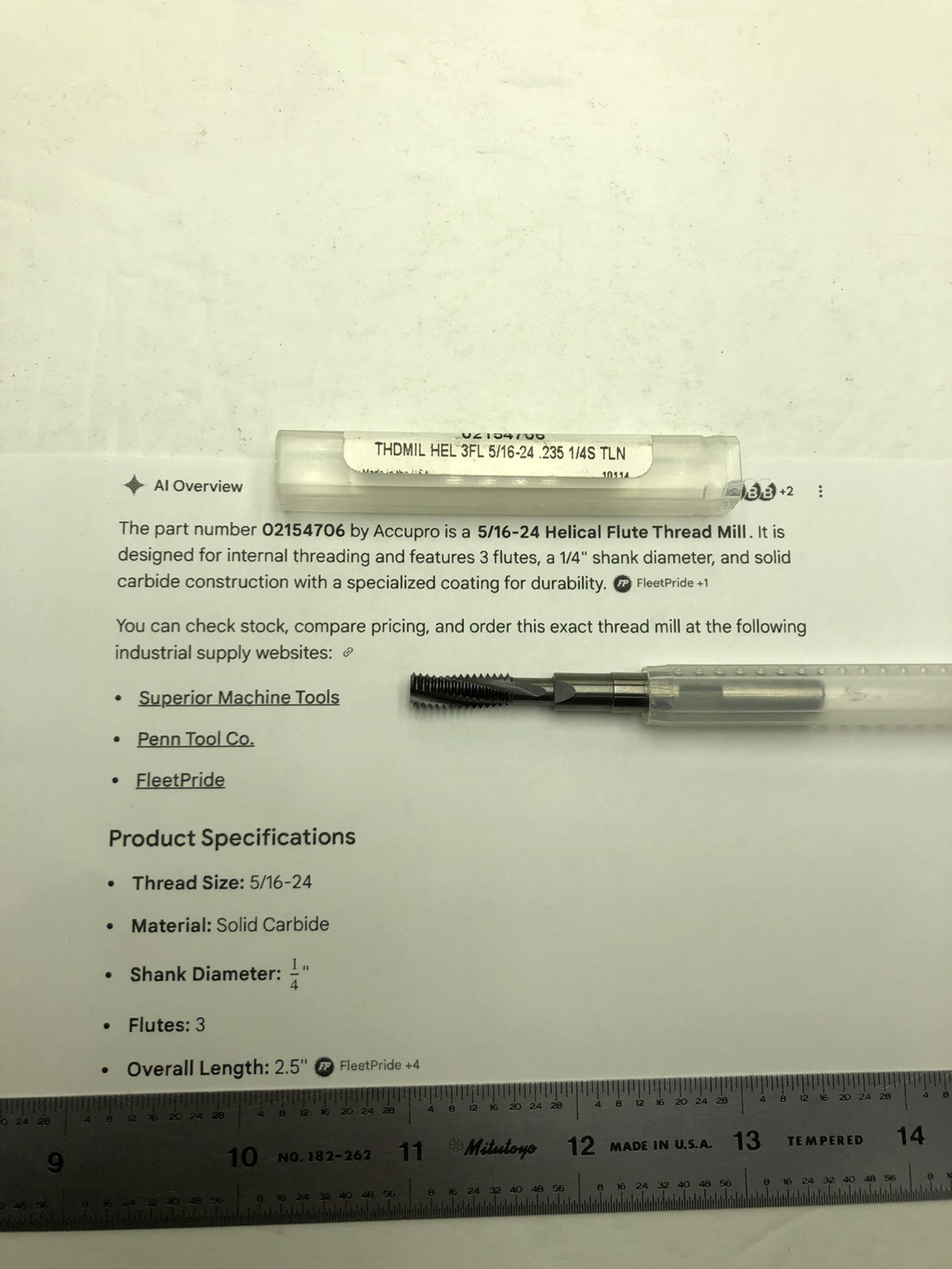 NEW Accupro 5/16-24 UN Solid Carbide Thread Mill – TiAlN Coated EDP#02154706.