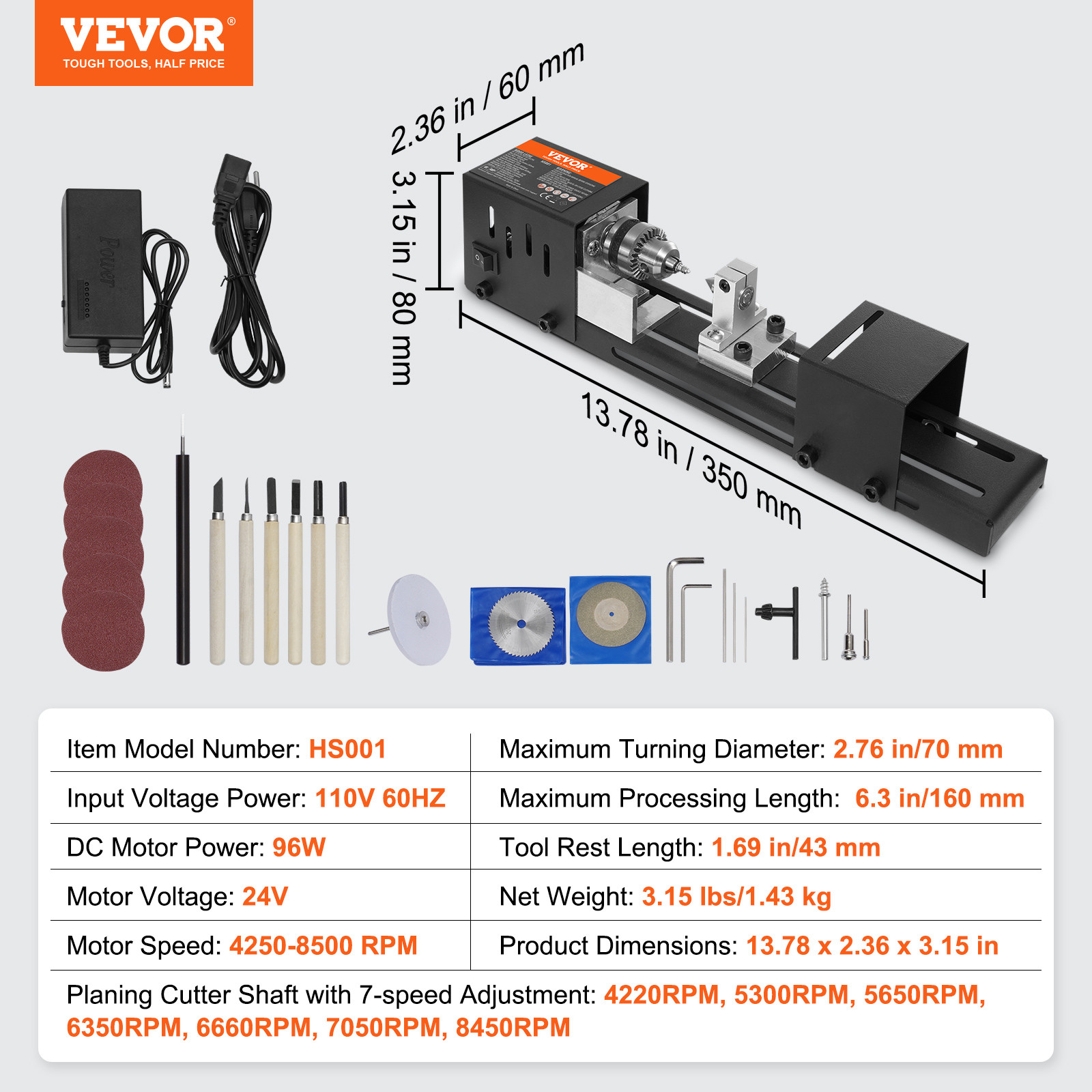 VEVOR Mini Lathe Machine 24V 96W Mini Wood Lathe Tools 2.76 in x 6.3 in 7 Speeds