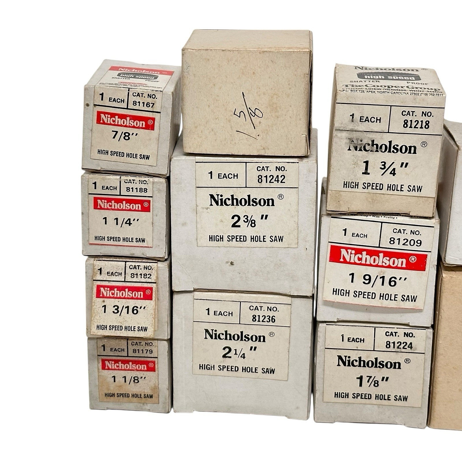 NICHOLSON HOLE SAWS – LOT OF 12 – 7/8″, 1 1/4″, 1 3/16″, 1 1/8″, 1 5/8″, 2 3/8″+