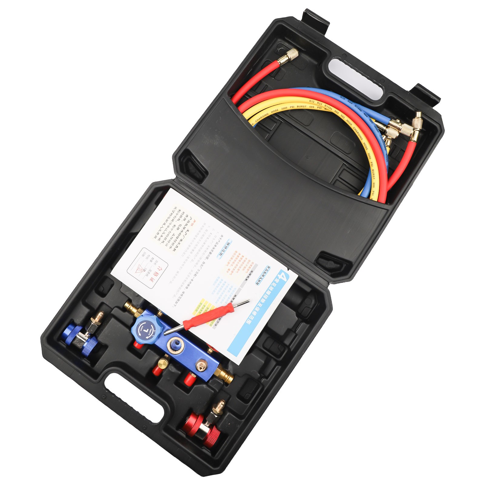 HVAC AC 3 Way Manifold Gauge Set w/ 5ft Hoses R134a R410a R22 R404a Tool Kit