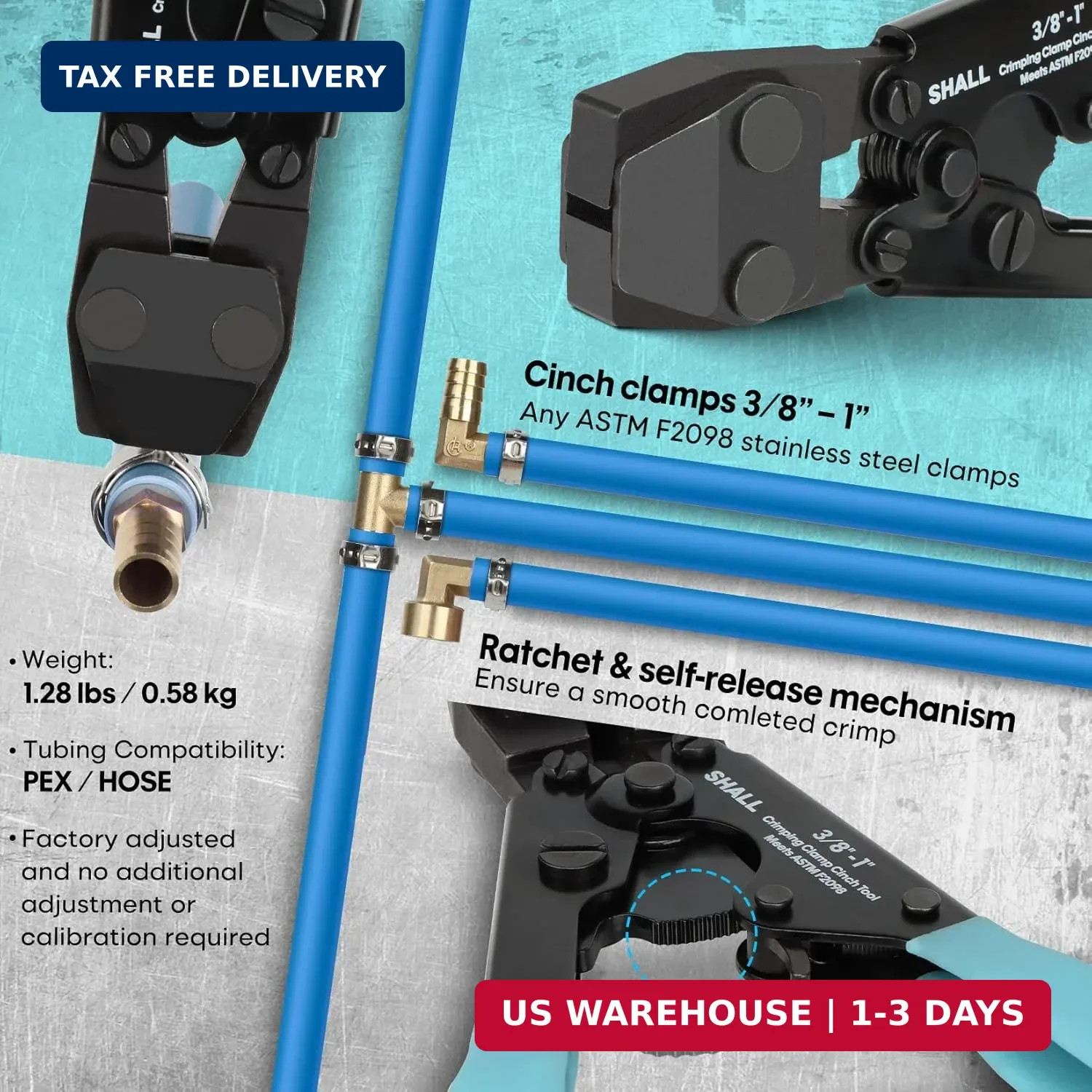 SHALL Pex Crimping Clamp Cinch Tool and Pipe Hose Cutter, Pipe Fitting Crimper T