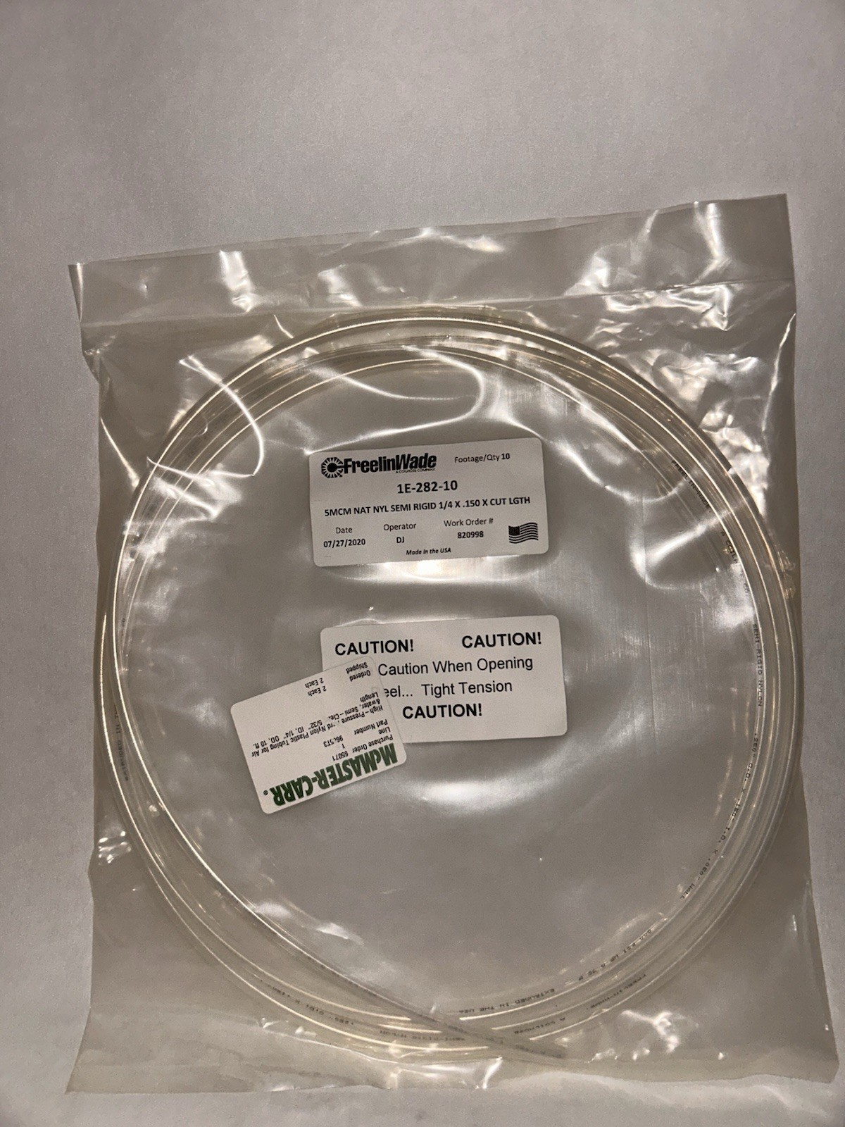 Freelin-Wade 1E-282-10 Nylon Semi-Rigid Tubing 1/4” OD x .150 ID Natural