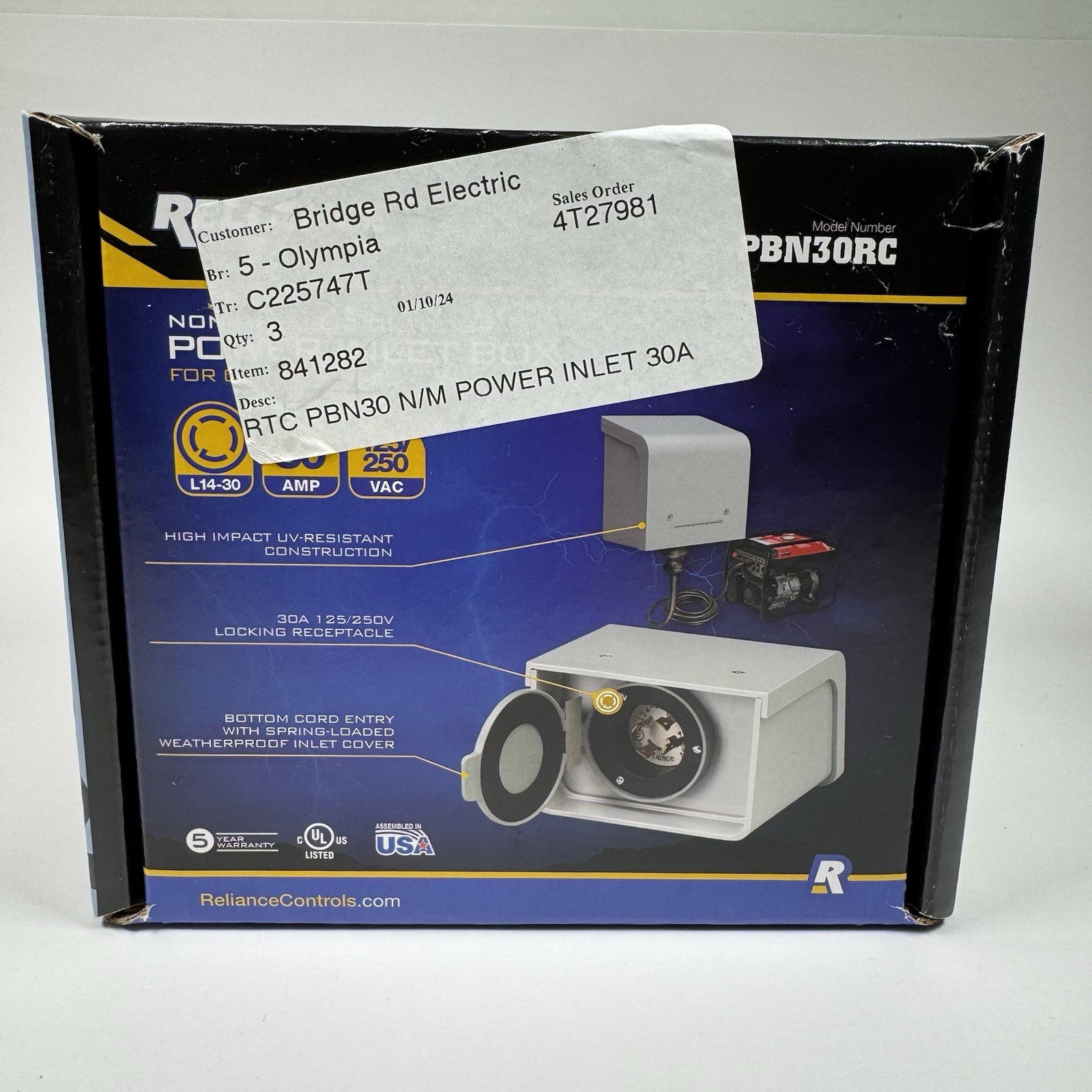 Reliance Controls PBN30RC Non-Metallic Outdoor Power Inlet Box New