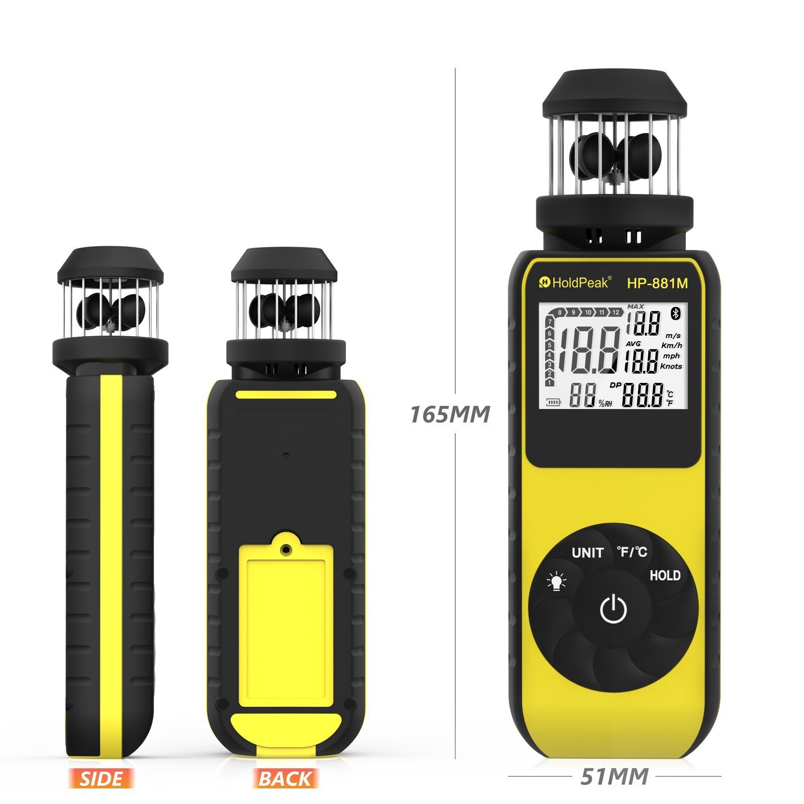Cup Anemometer, Wind Speed/Temp, 5 Units Backlight Data Hold Max/Avg, Air Flow