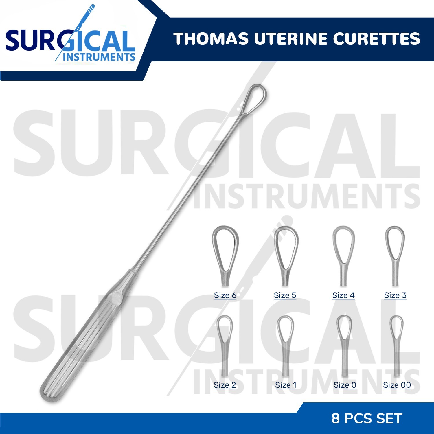 8 Pcs Thomas Uterine Curettes Set 11″ OB/Gynecology Instruments German Grade