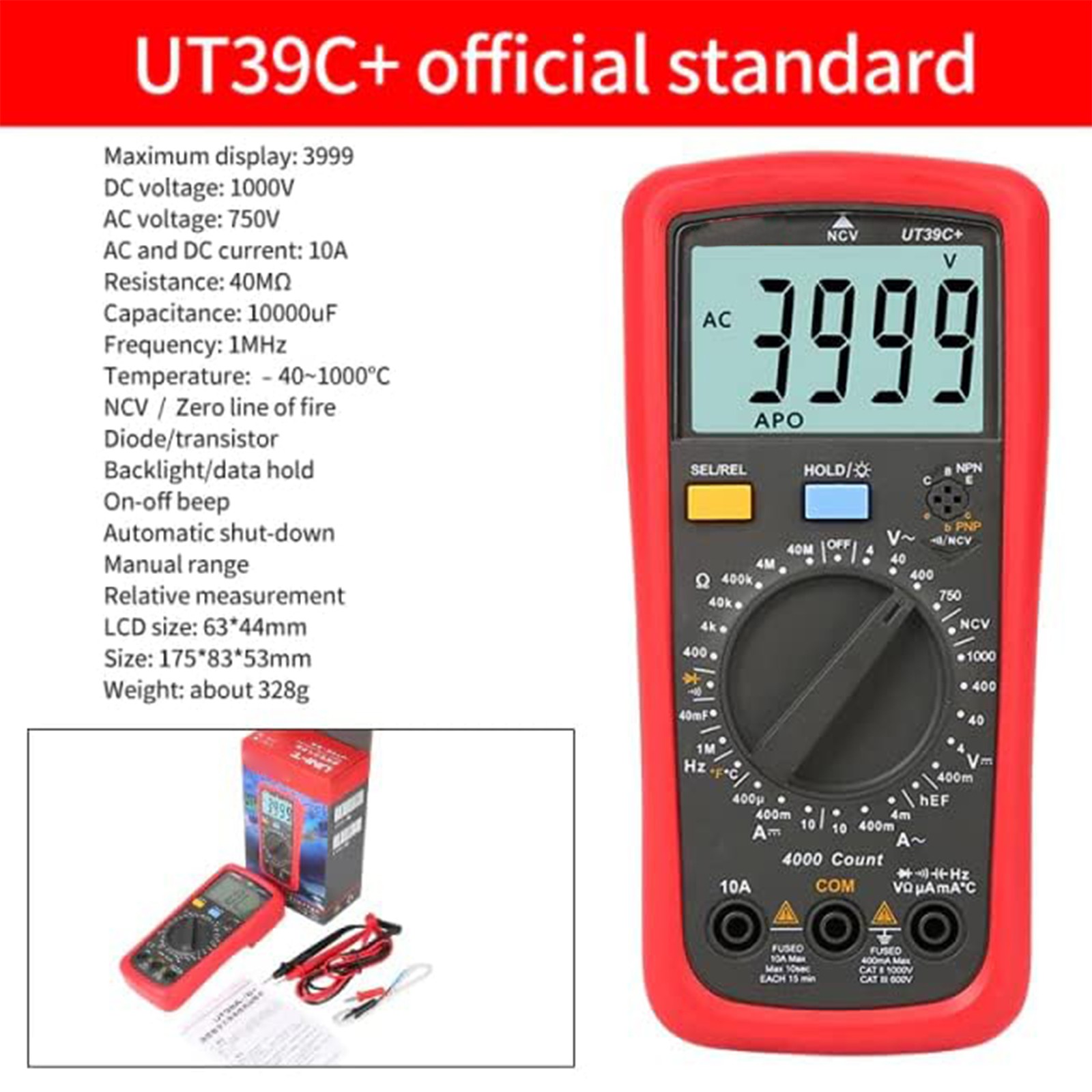 UT39C+ Digital Multimeter Auto Range LCD Backlight Data Hold Multimetro Tester
