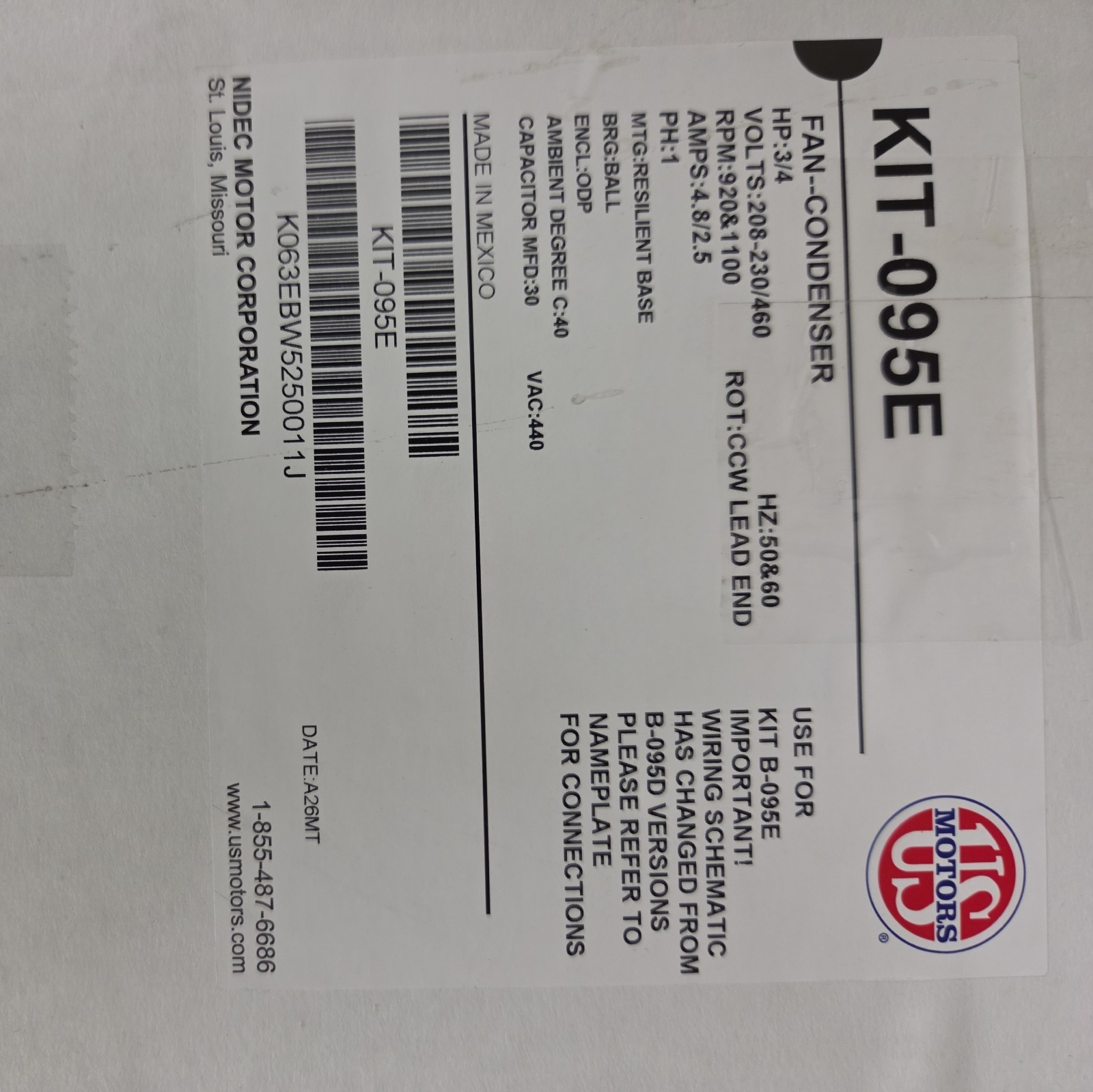 LIEBERT KIT-095E Condenser Fan Motor 208-230/460V AC, 3/4 hp, 1 Phase