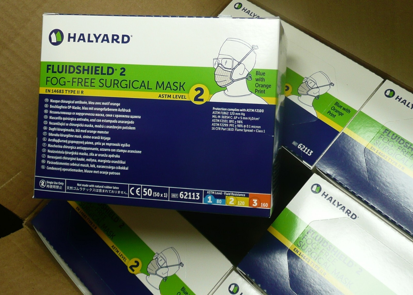 Halyard 62113 Fluidshield 2 Blue with Orange Masks (box of 50), Exp 02/2025