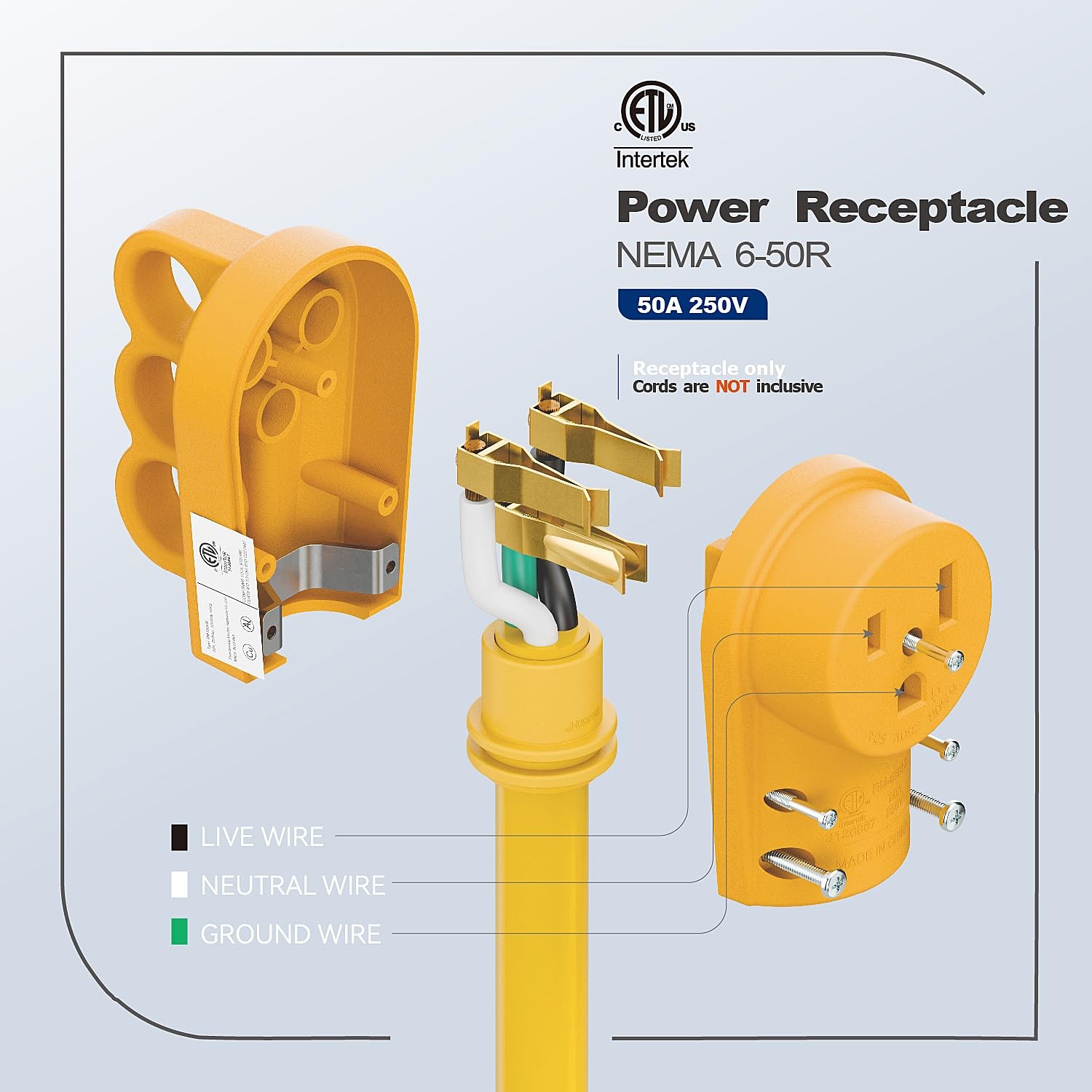 Nema 6-50R Female Welder Receptacle, 50A 3-Prong ETL Listed Socket