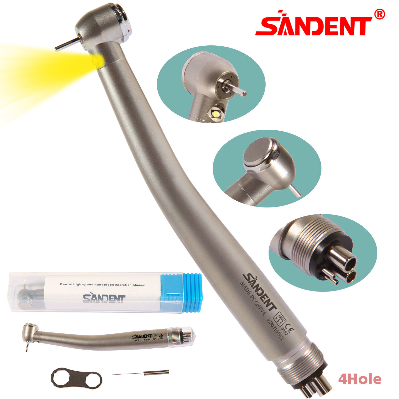 Dental E-generator LED Triple spray Fiber Optic Handpiece High Speed 4 Hole