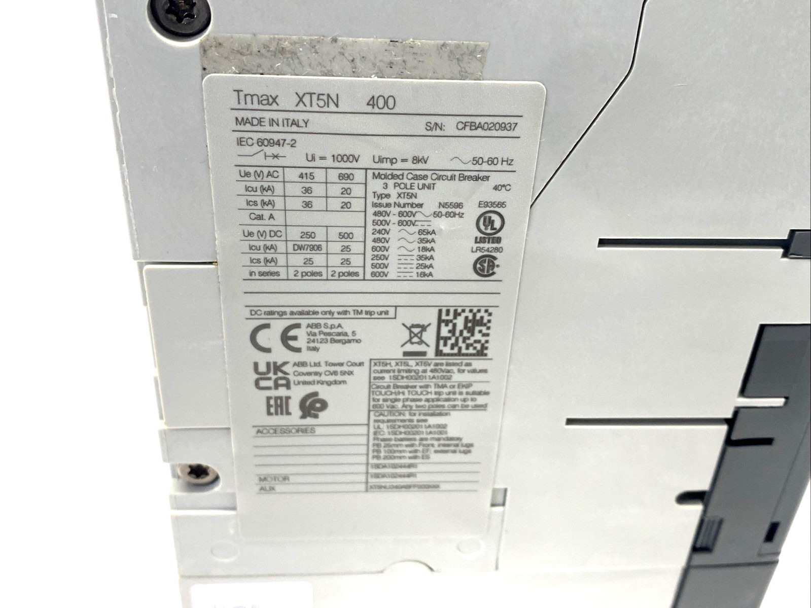 ABB XT5NU340ABFF000X00X XT5N 400 Circuit Breaker 3P 400A 1SDA102444R