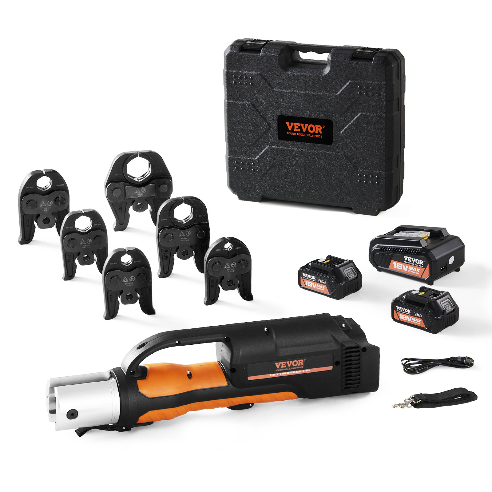 VEVOR Pro Press Tool 18V with 6 Pro Press Jaws 2pcs 4AH Battery Fast Charger