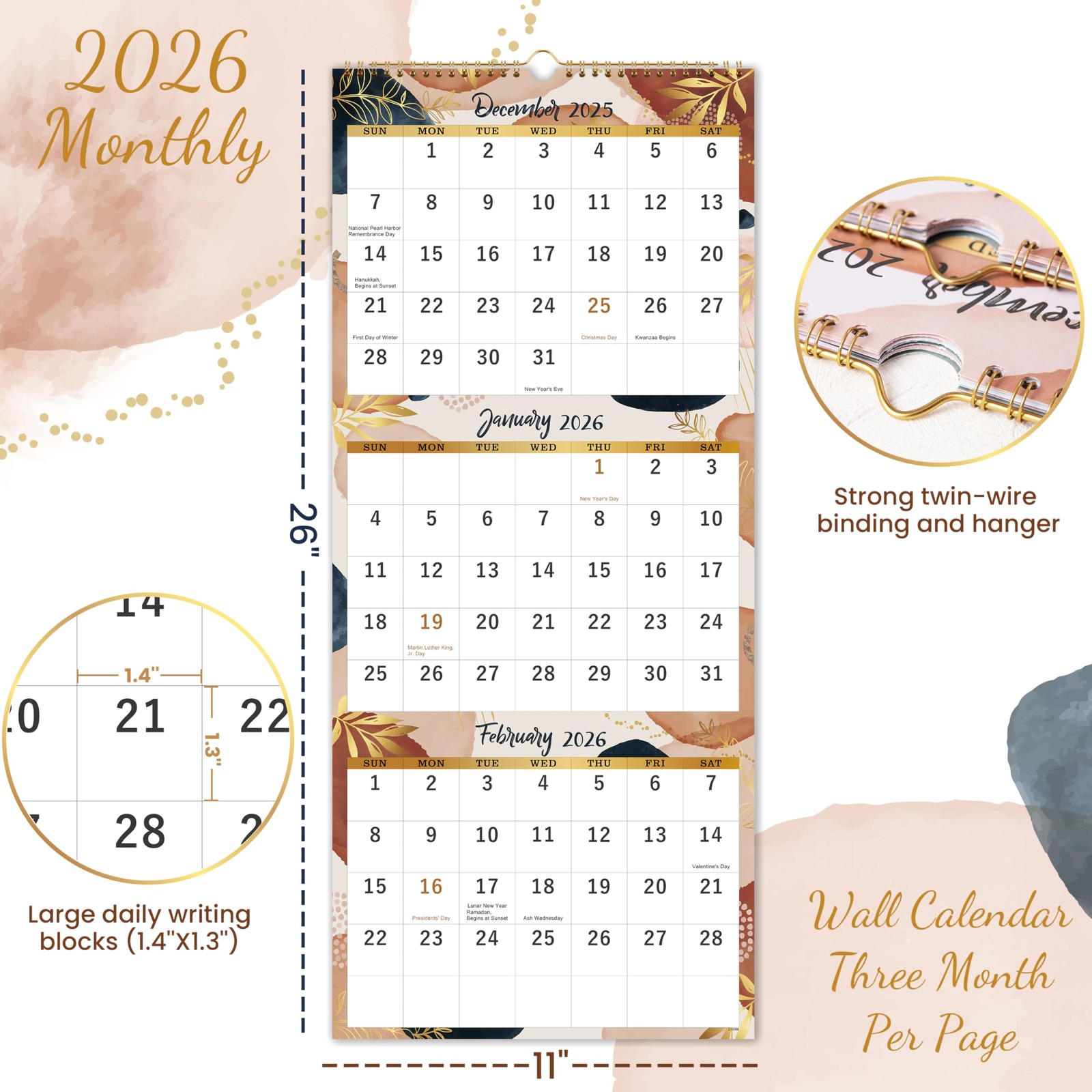 2026 Wall Calendar – 3 Month 2026, Jan.2026 – Dec.2026, 11″ 11″x26″